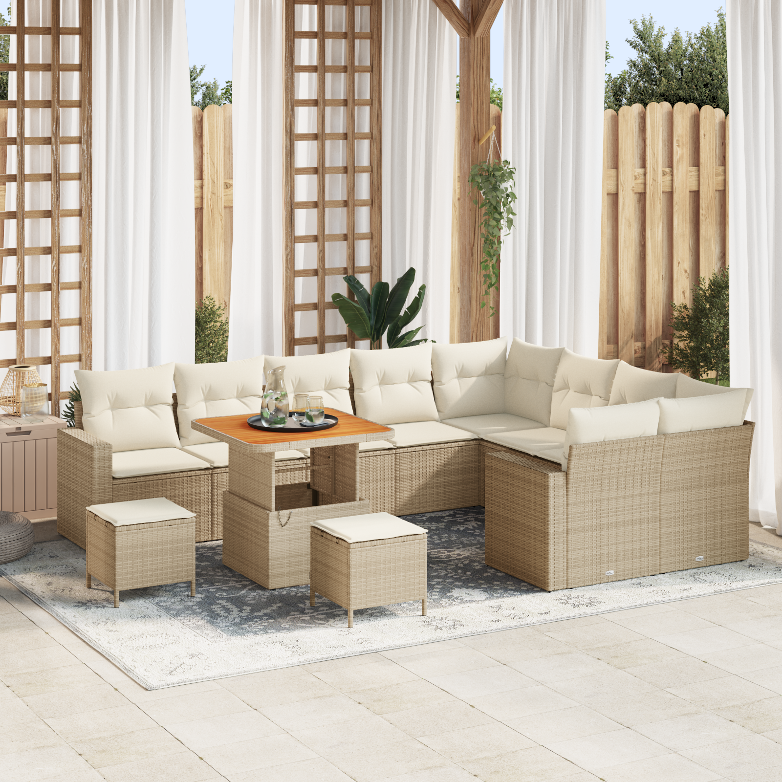 Set di Divani da Giardino 12 Pezzi con Cuscini Beige Polyrattan Acacia