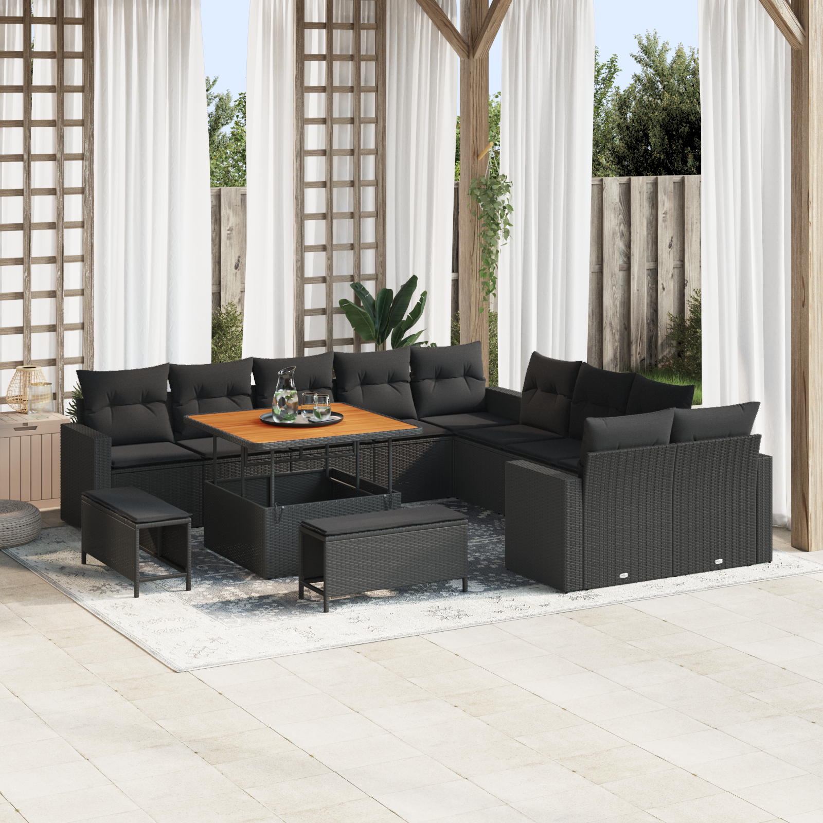 Thumbnail - vidaXL 13-teiliges Gartenbank-Set mit Kissen in Schwarz aus Poly-Rattan und Akazie