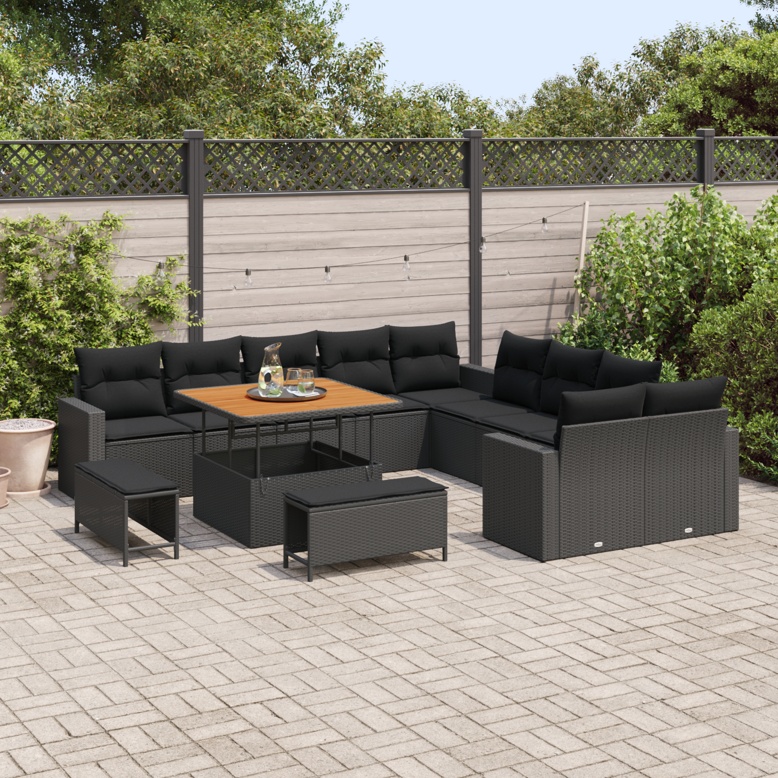 Thumbnail - vidaXL 13-teiliges Gartenbank-Set mit Kissen in Schwarz aus Poly-Rattan und Akazie