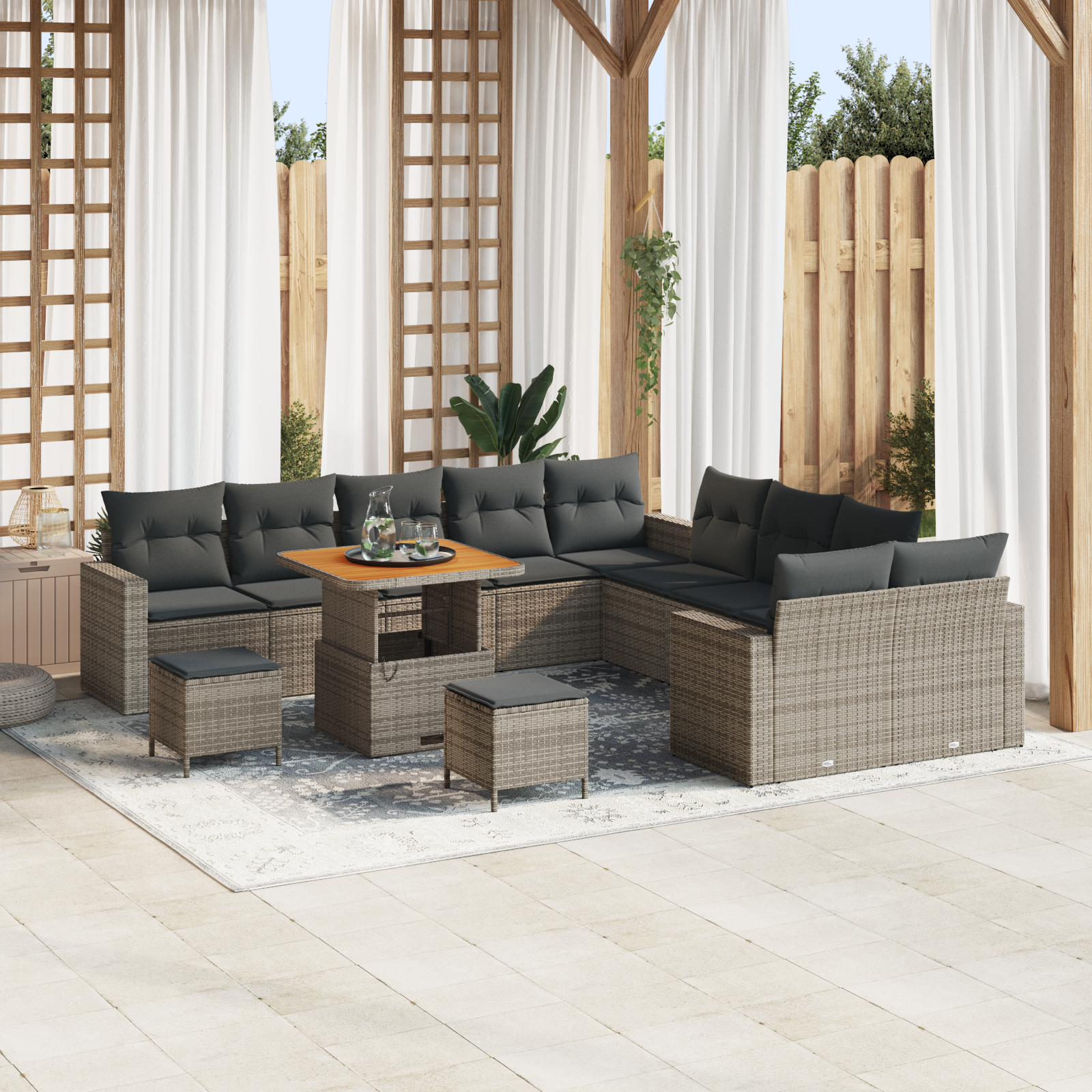 Set di divani da giardino con cuscini 13 pezzi grigio rattan poliestere acacia
