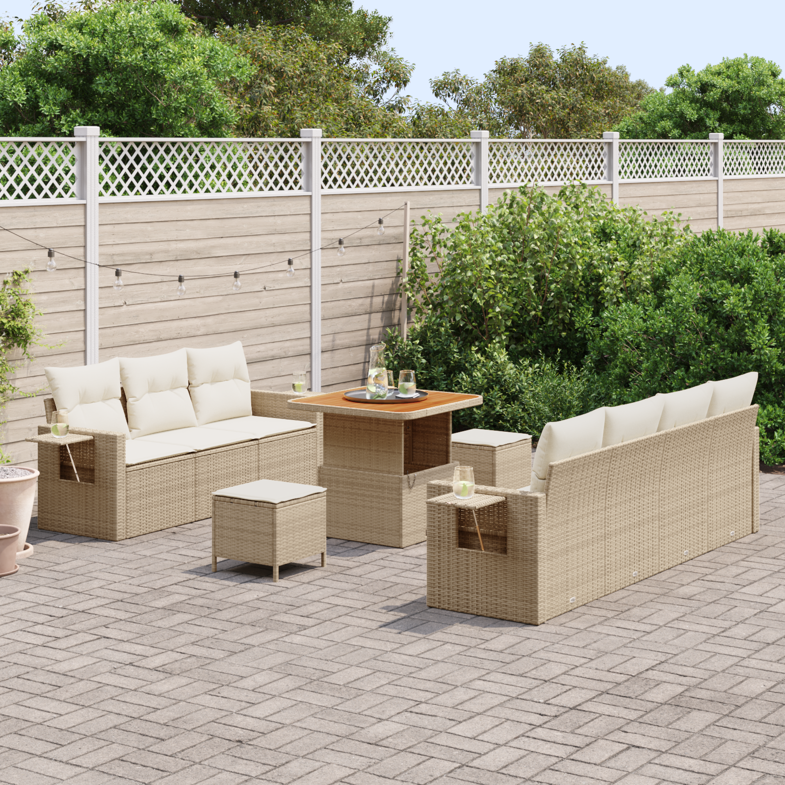 Thumbnail - vidaXL 10-teiliges Lounge-Sofa-Set für den Garten mit beigen Kissen, aus Poly-Rattan und Akazie.