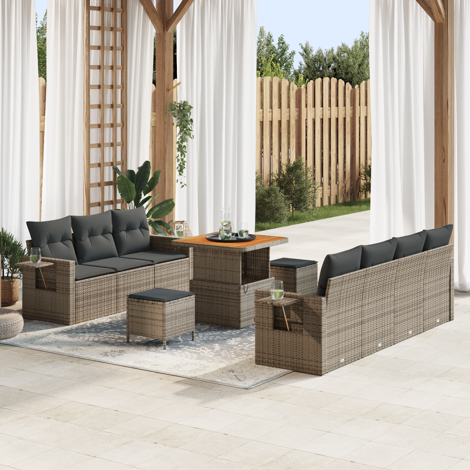 Set Divano da Giardino di 10 Pezzi con Cuscini Grigio Polyrattan Acacia