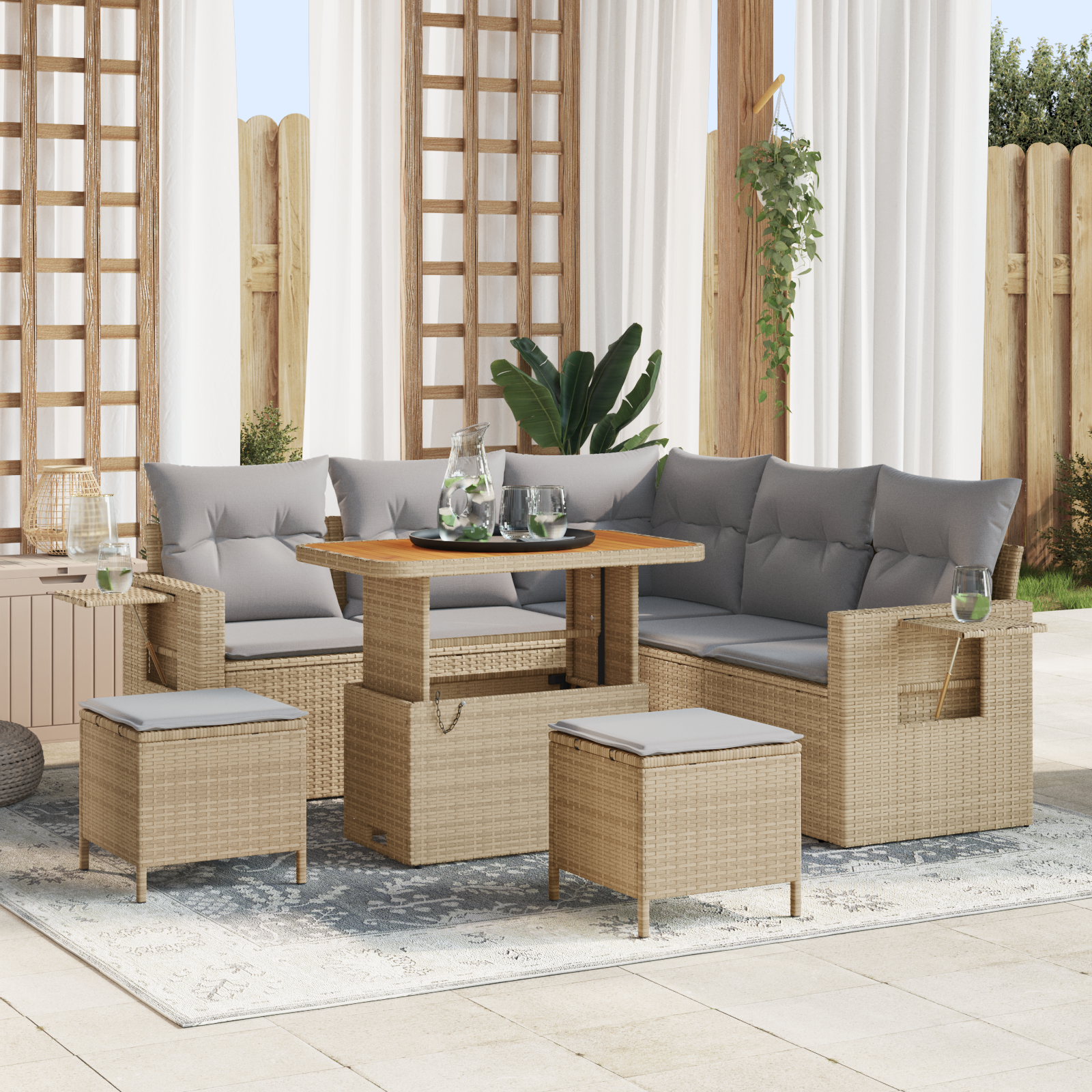 Conjunto de Sofás de Jardim de 8 Peças com Almofadas Bege Poly Rattan Acácia, Conjunto de Jantar de Jardim de 3 Peças com Almofadas Bege Poly Rattan Acácia Conjunto de Sofás de Jardim de 8 Peças com Almofadas Bege Poly Rattan Acácia, Conjunto de Jantar de Jardim de 3 Peças com Almofadas Bege Poly Rattan Acácia