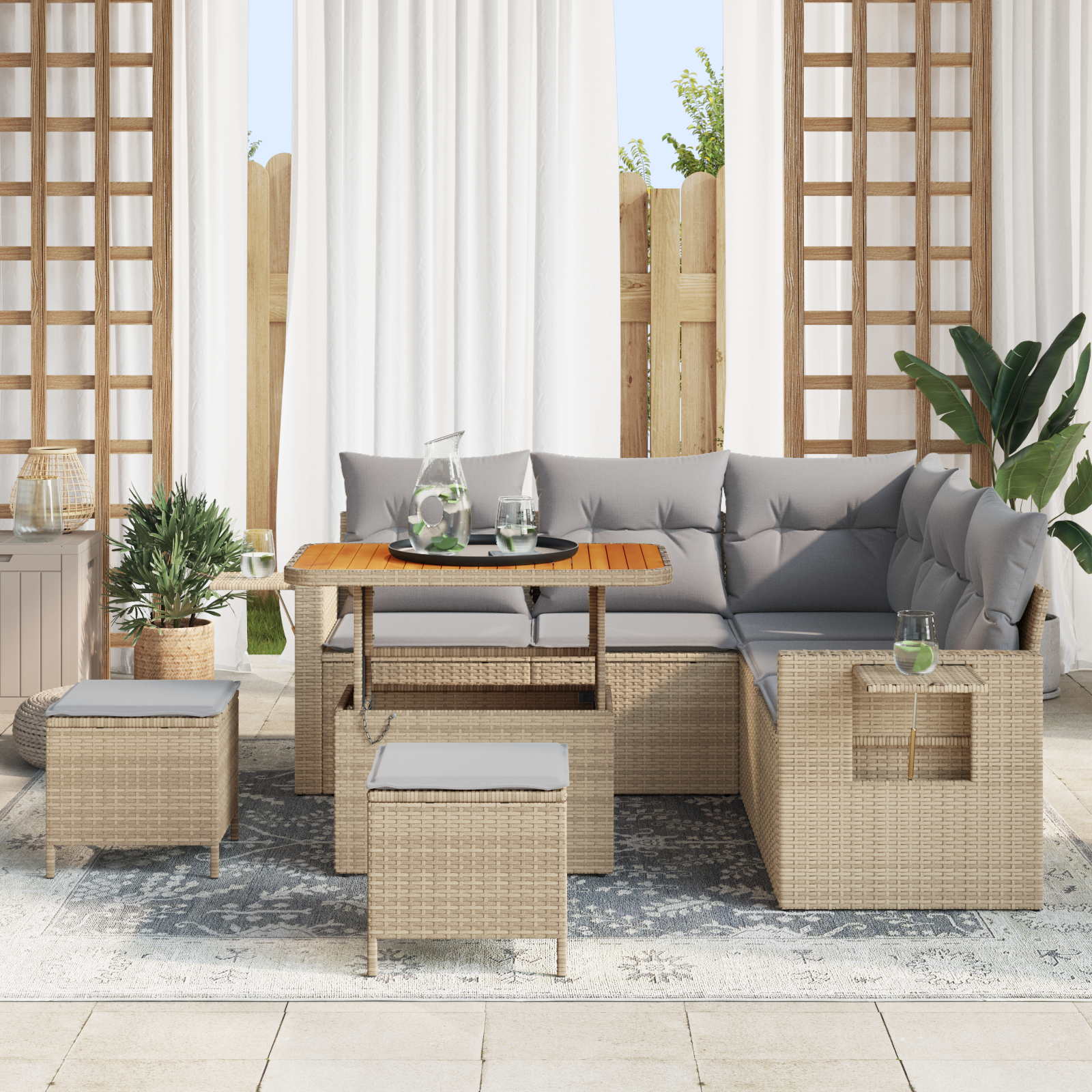 Conjunto de Sofás de Jardim de 8 Peças com Almofadas Bege Poly Rattan Acácia, Conjunto de Jantar de Jardim de 3 Peças com Almofadas Bege Poly Rattan Acácia