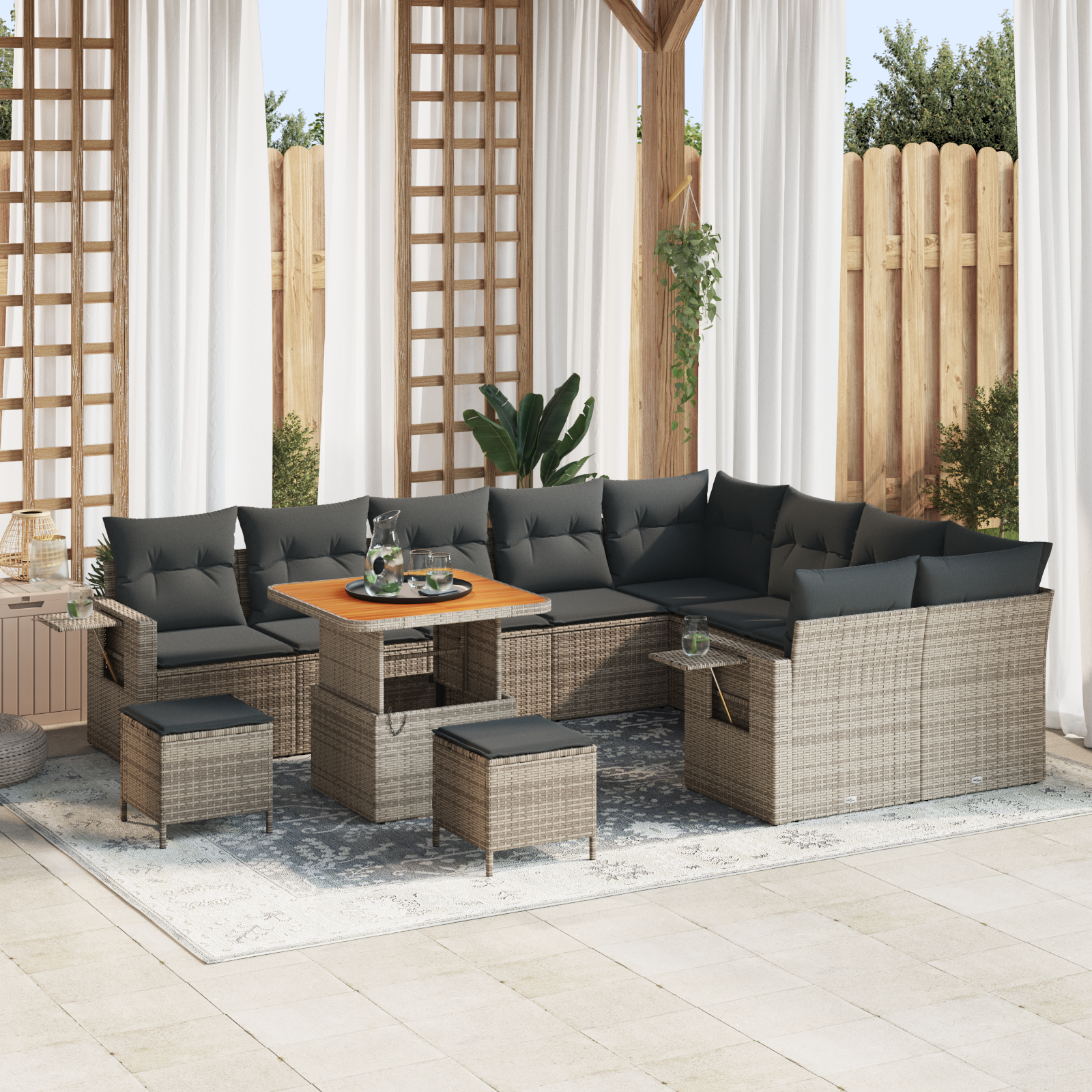 Set di Divano da Giardino a 12 Pezzi con Cuscini Grigio Polyrattan Acacia