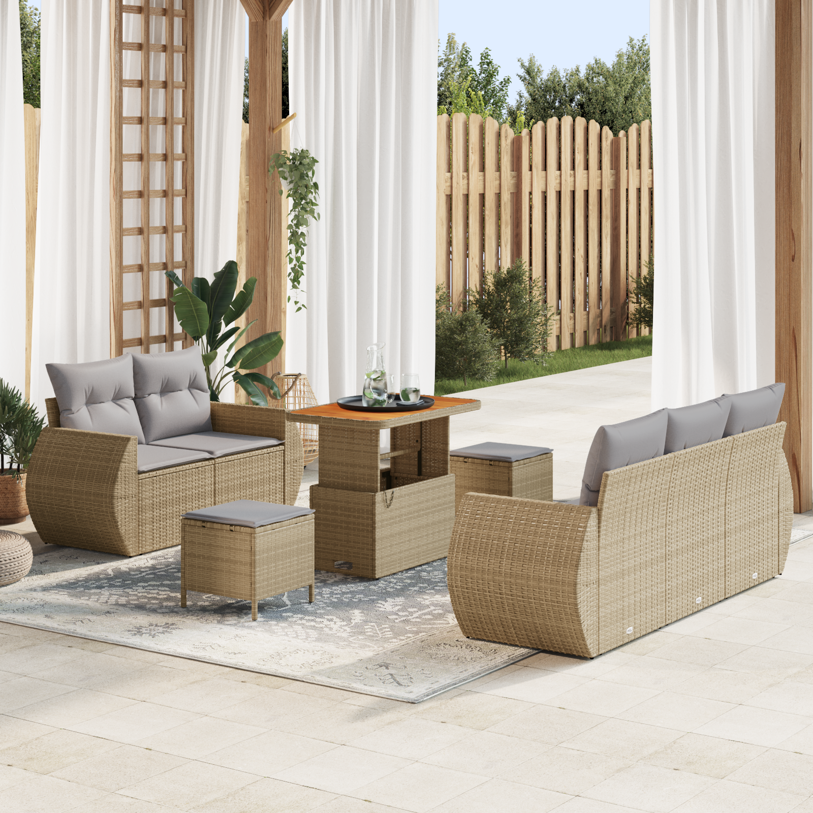 Conjunto de Sofá de Jardim de 8 Peças com Almofadas Bege Vime de Poliéster e Acácia, Conjunto de Jantar de Jardim de 3 Peças com Almofadas Bege Vime de Poliéster e Acácia Conjunto de Sofá de Jardim de 8 Peças com Almofadas Bege Vime de Poliéster e Acácia, Conjunto de Jantar de Jardim de 3 Peças com Almofadas Bege Vime de Poliéster e Acácia