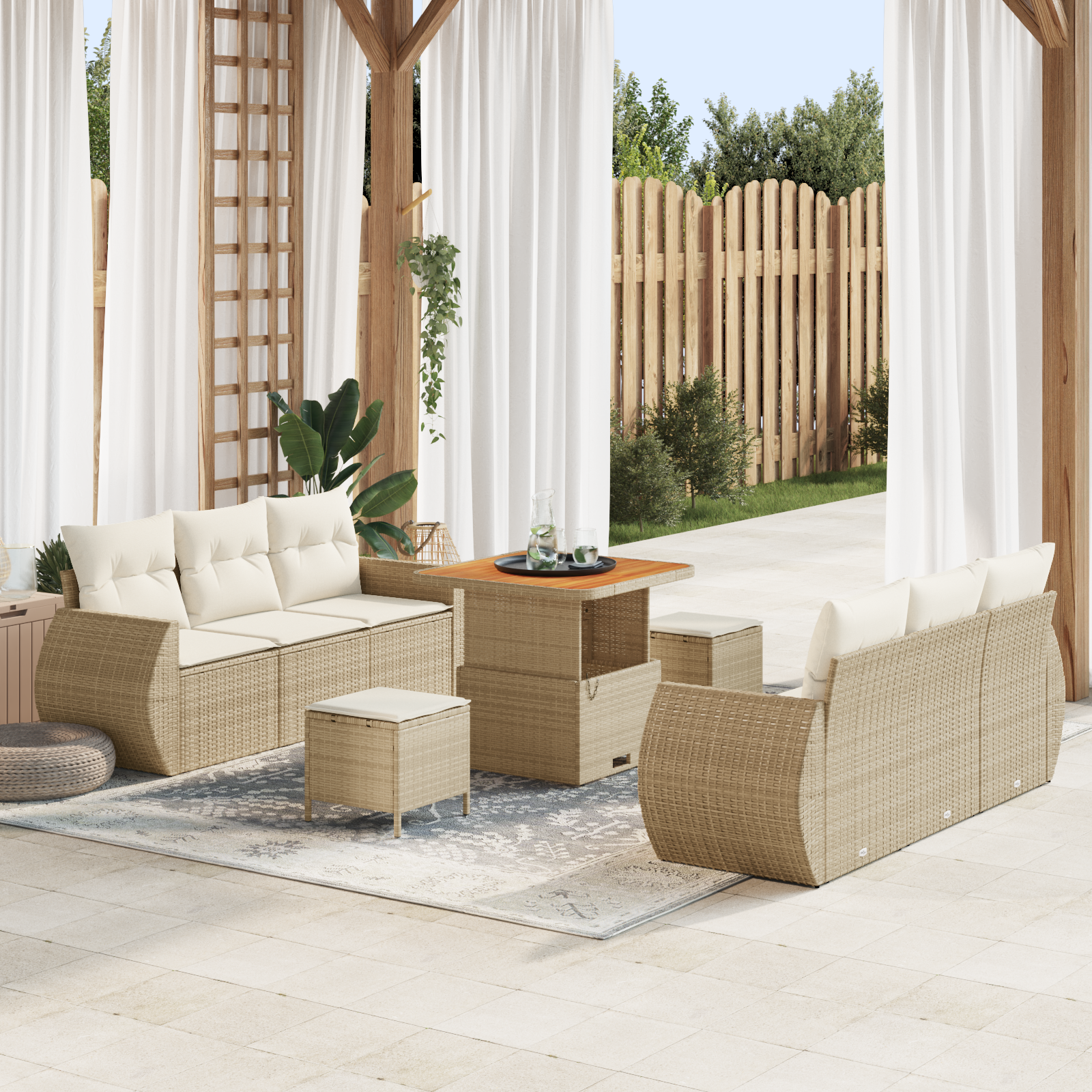 Set di divani da giardino a 9 pezzi con cuscini in rattan polyrattan beige acacia