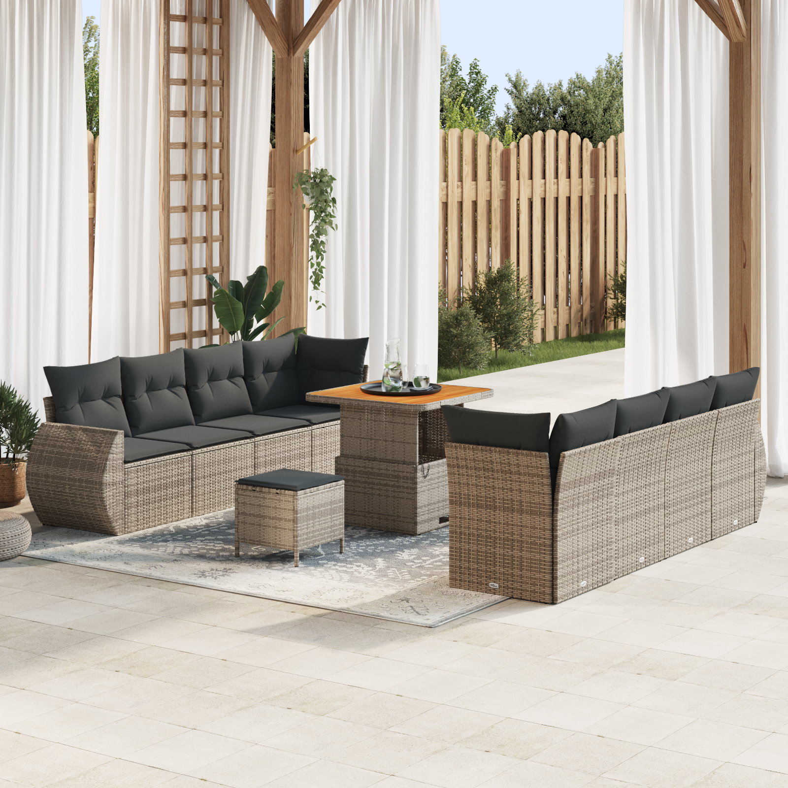 Set da Giardino a 11 Pezzi con Cuscini Grigio Rattan Polietilene Acacia