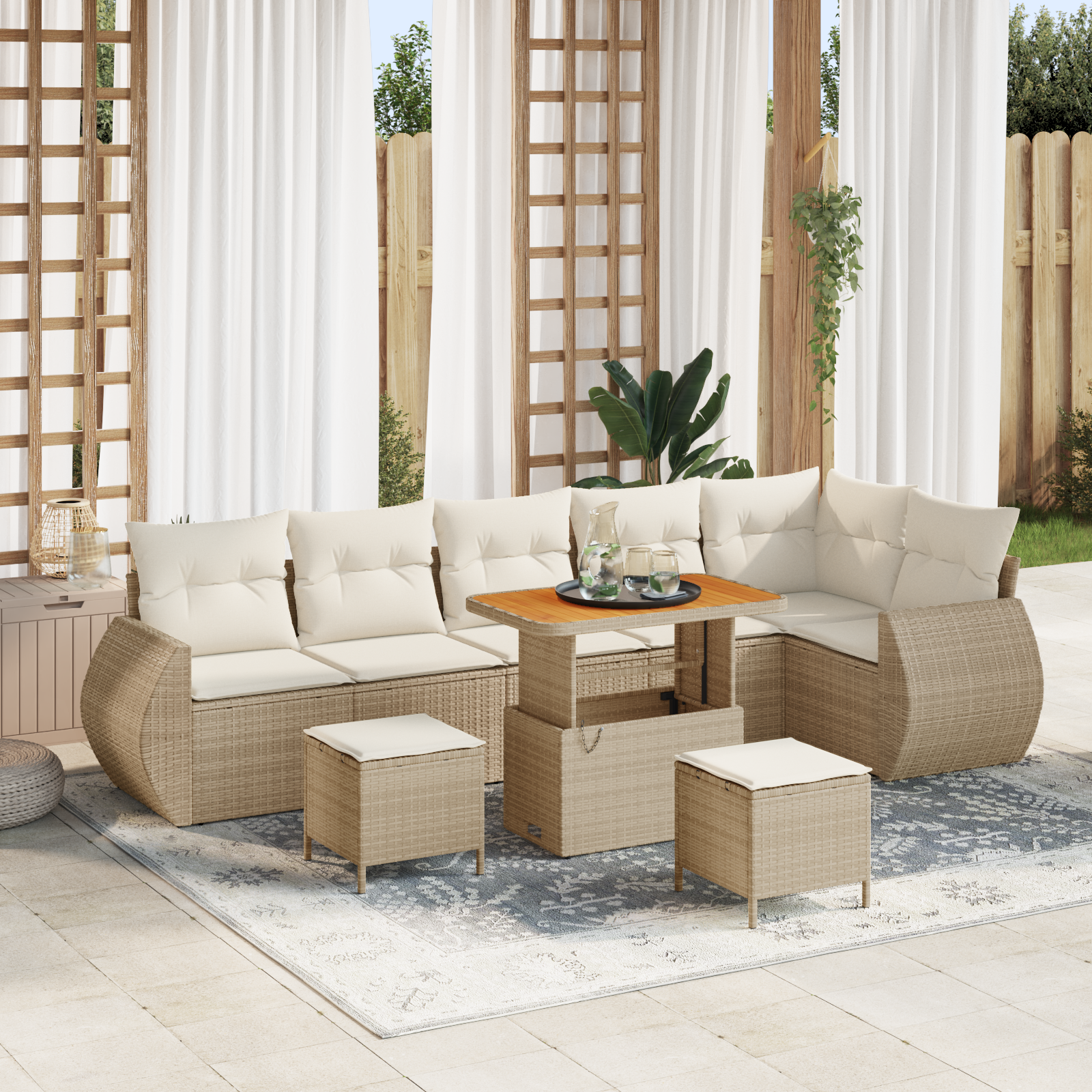 9-delige tuinsofa set met kussens in beige, van poly rattan en acacia - Afbeelding 2