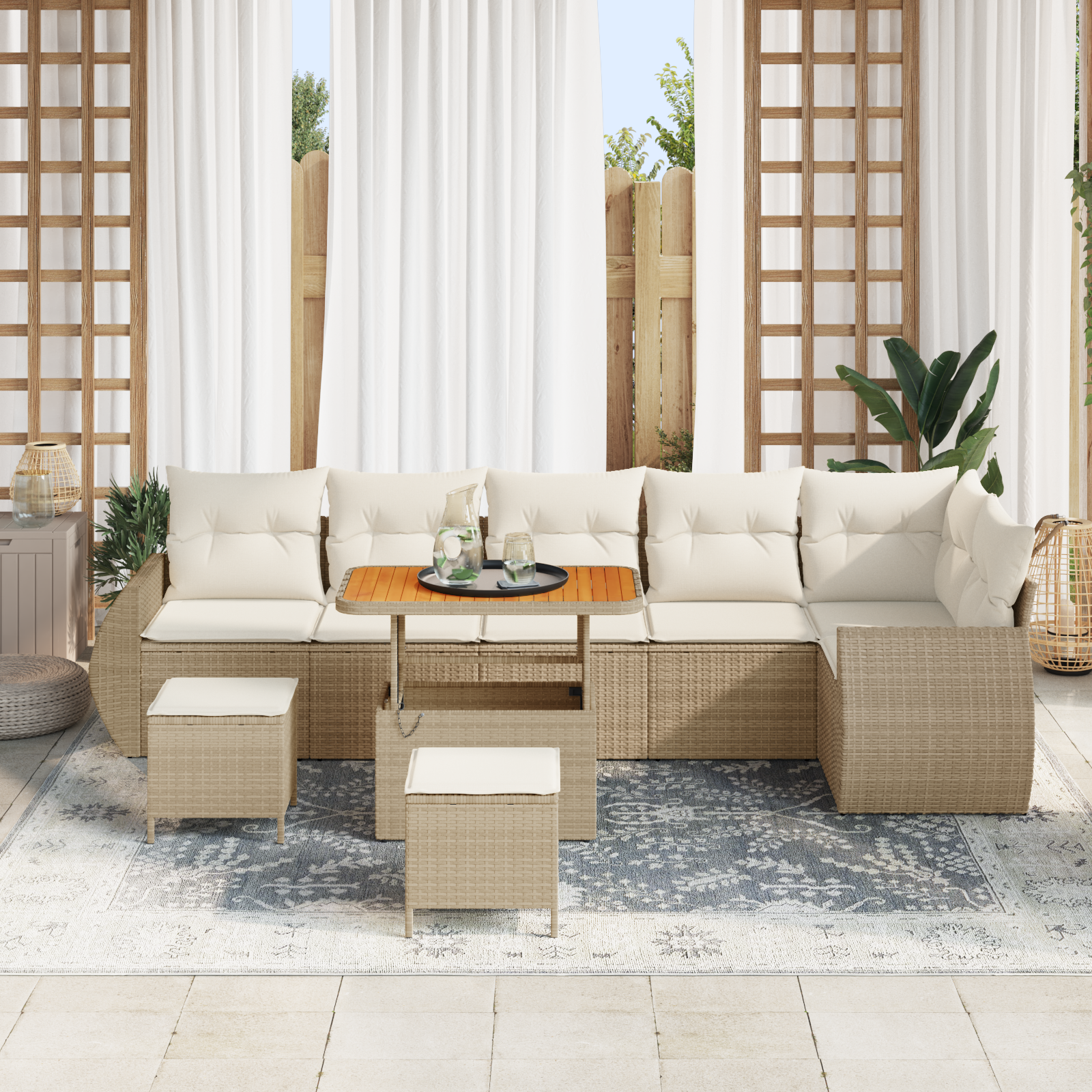 9-delige tuinsofa set met kussens in beige, van poly rattan en acacia - Afbeelding 3