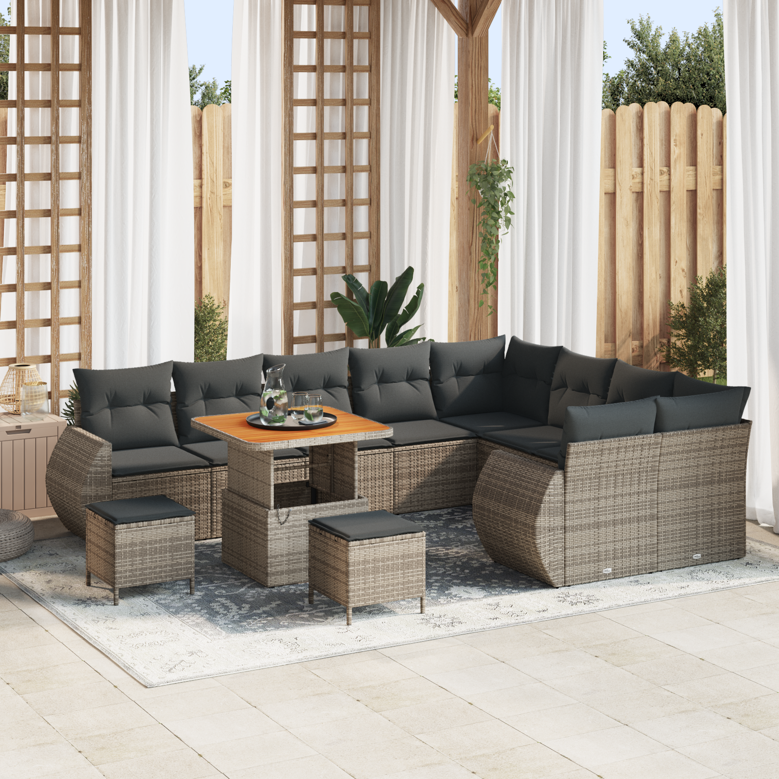 Set da giardino con 12 pezzi e cuscini grigio rattan polyrattan acacia