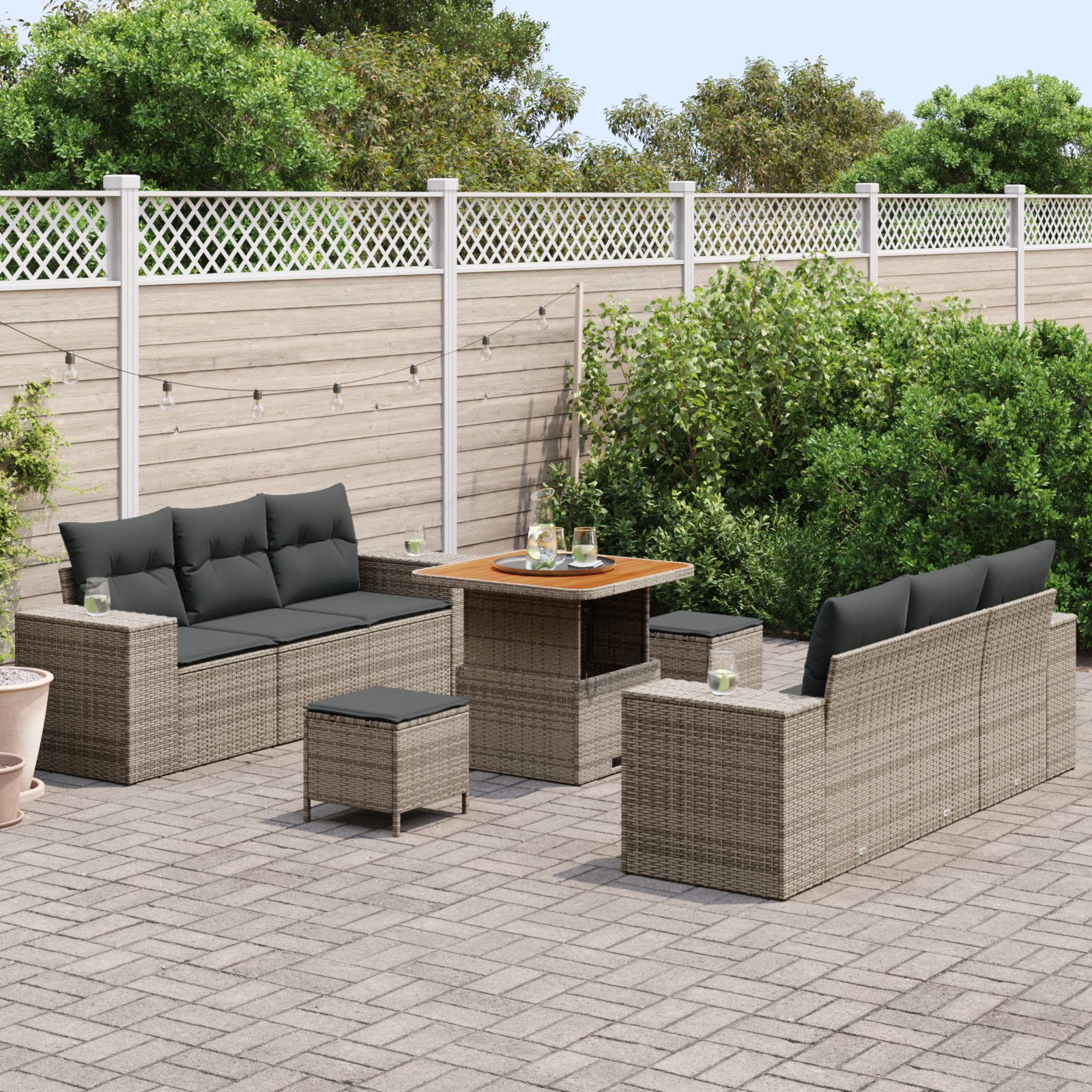 9 Частен Градински Диван Комплект с Възглавници Сив Полиратан Акация, vidaXL 3 Частен Градински Комплект за Хранене с Възглавници Сив Полиратан Акация - Image 3