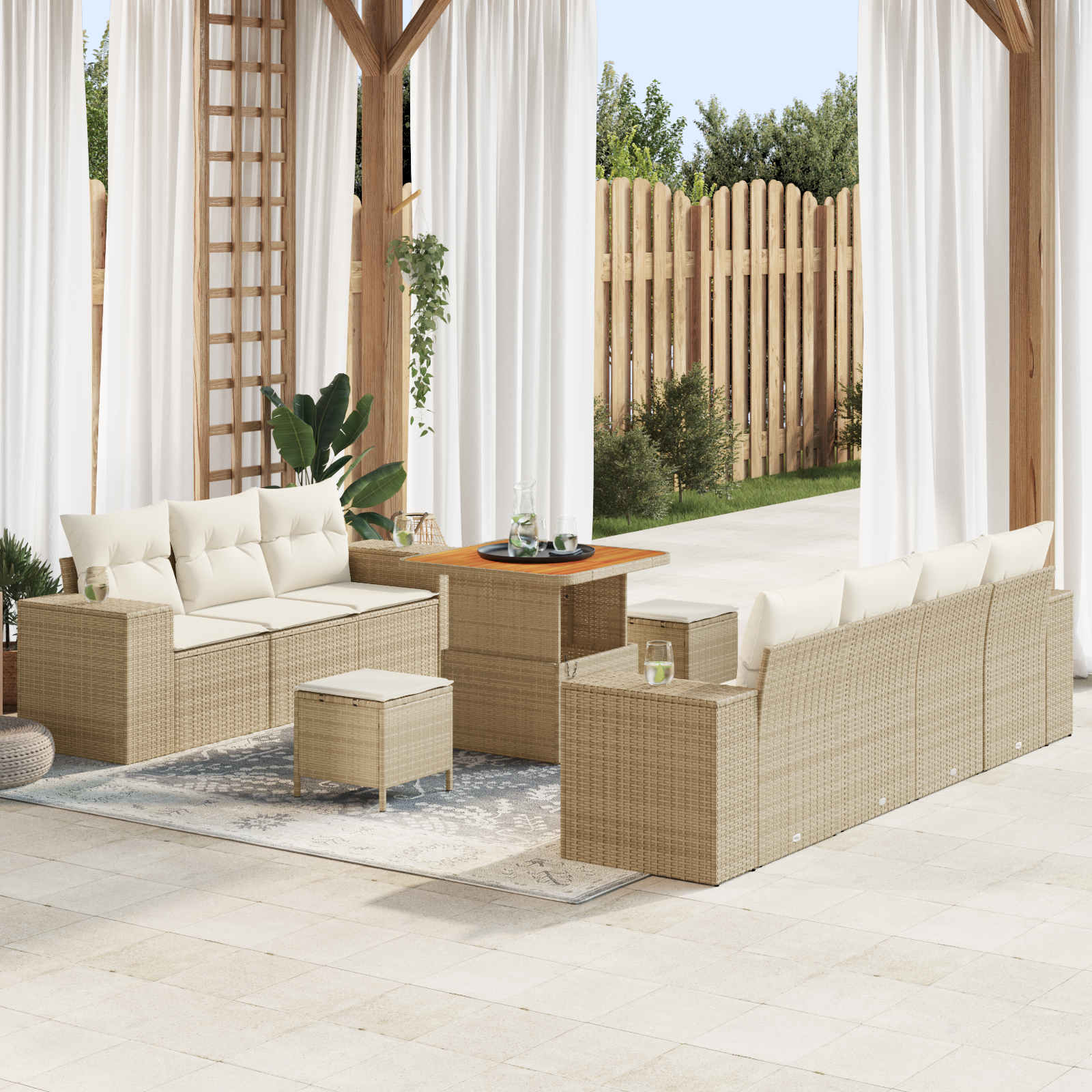 Set divano da giardino 10 pezzi con cuscini in rattan poliestere beige