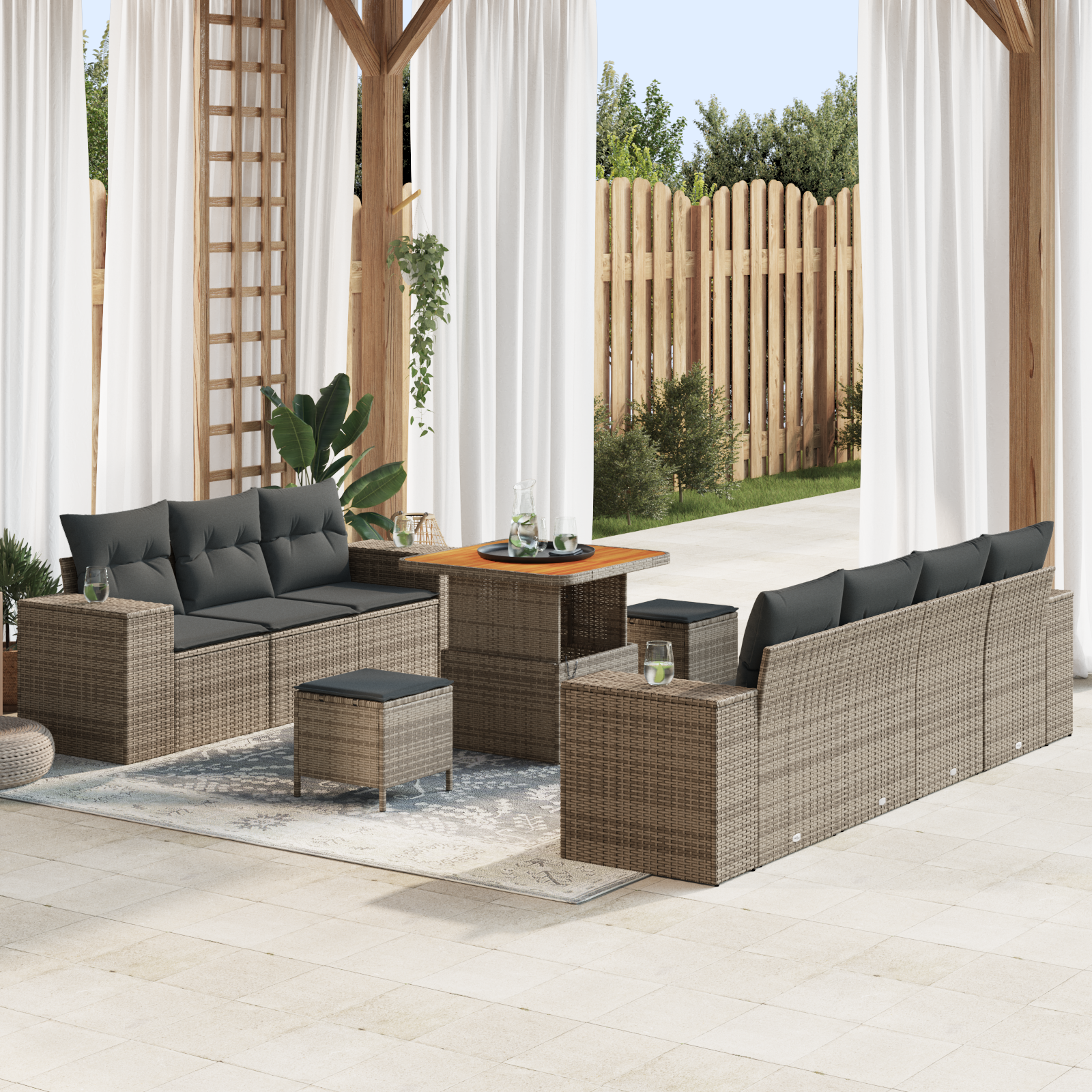 Set divano da giardino con cuscini a 10 pezzi grigio polyrattan acacia