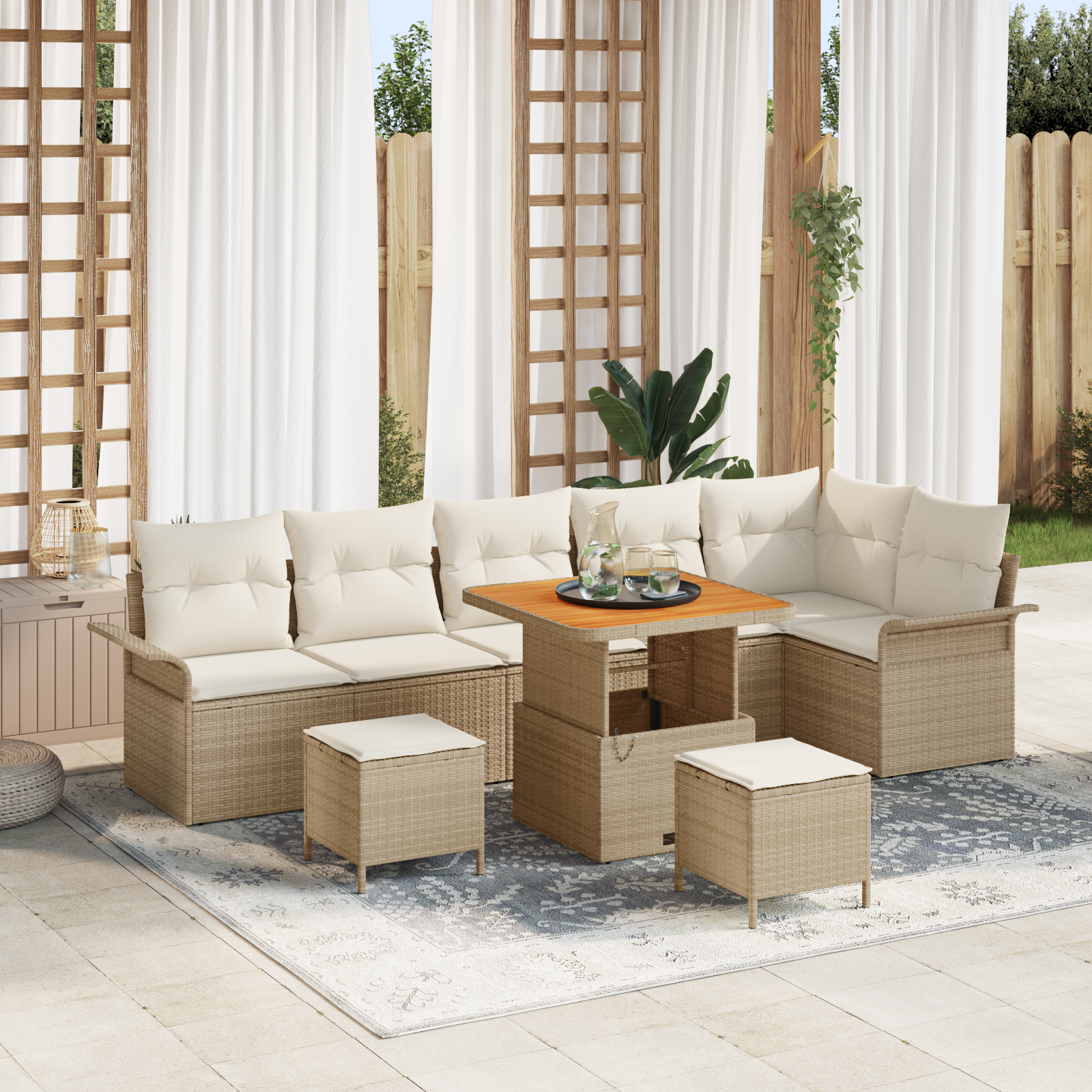 Thumbnail - vidaXL 9-teiliges Gartensofa-Set mit Kissen in Beige aus Poly-Rattan und Akazie