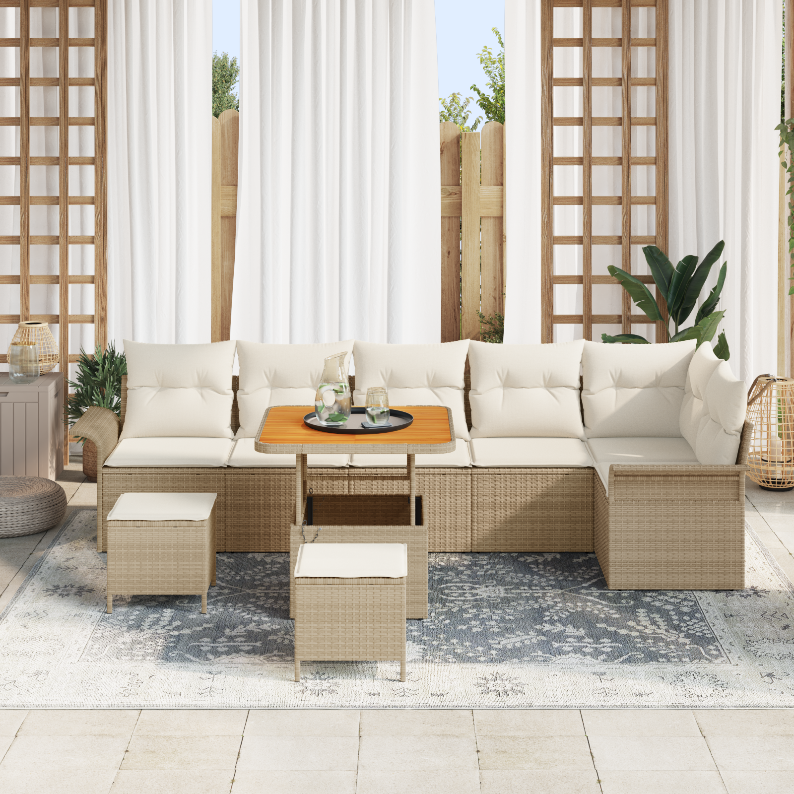 Thumbnail - vidaXL 9-teiliges Gartensofa-Set mit Kissen in Beige aus Poly-Rattan und Akazie