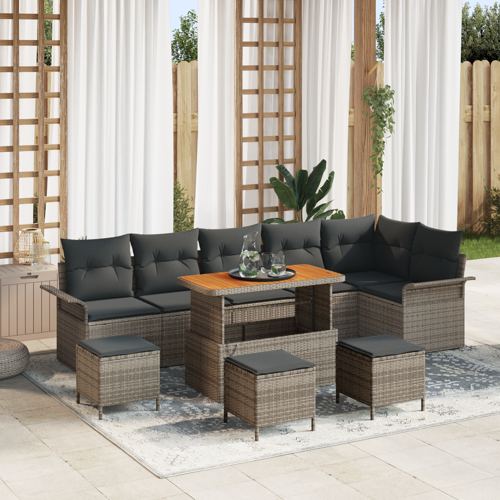 Conjunto de Sofá de Jardim de 10 Peças com Almofadas Cinza Rattan de Polietileno Acácia