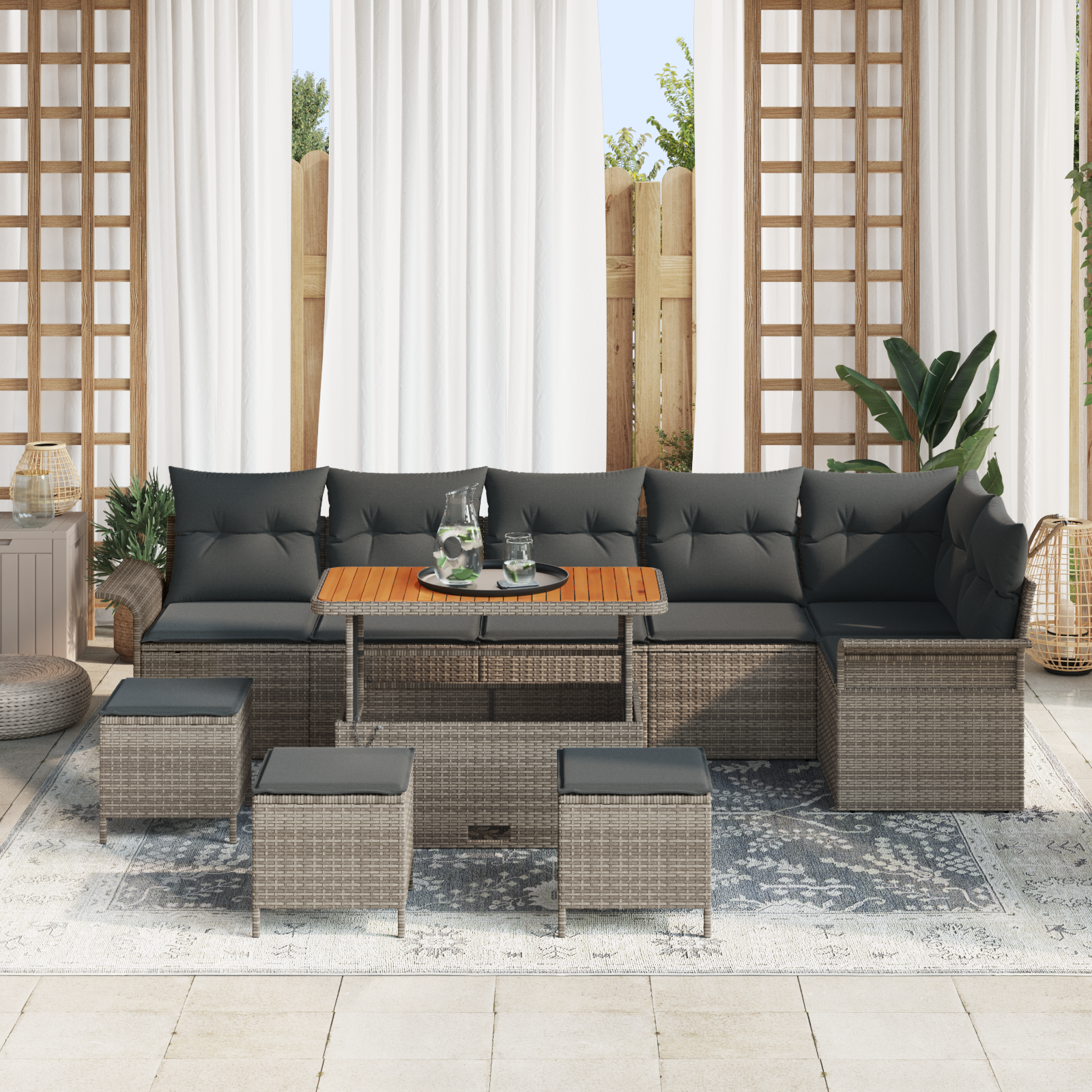 Conjunto de Sofá de Jardim de 10 Peças com Almofadas Cinza Rattan de Polietileno Acácia - Image 4