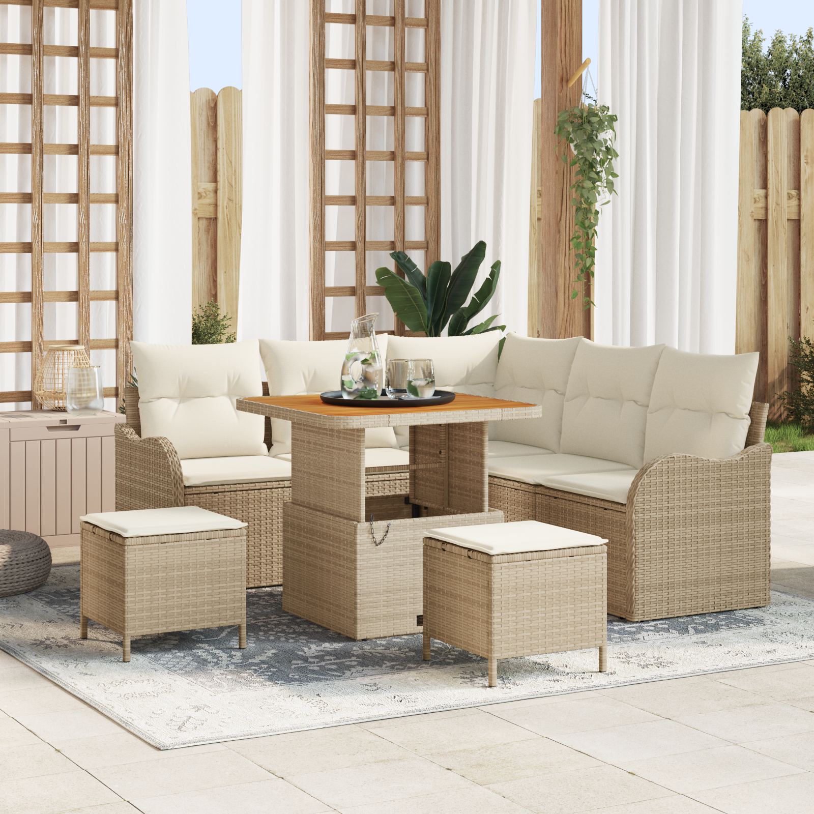 Set Divano Giardino 8 Pezzi con Cuscini Beige Polyrattan Acacia