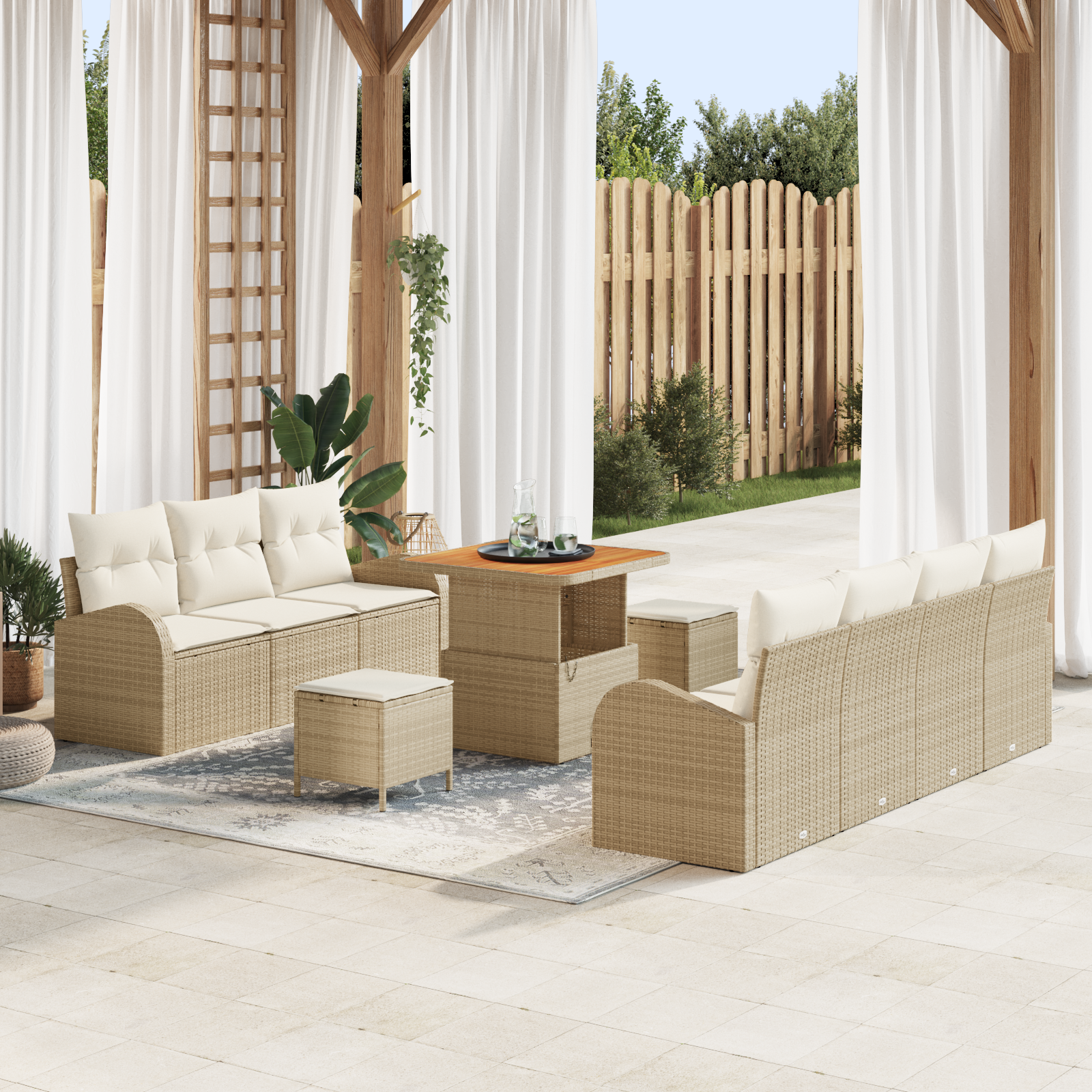 Set di divano da giardino 10 pezzi con cuscini beige polyrattan