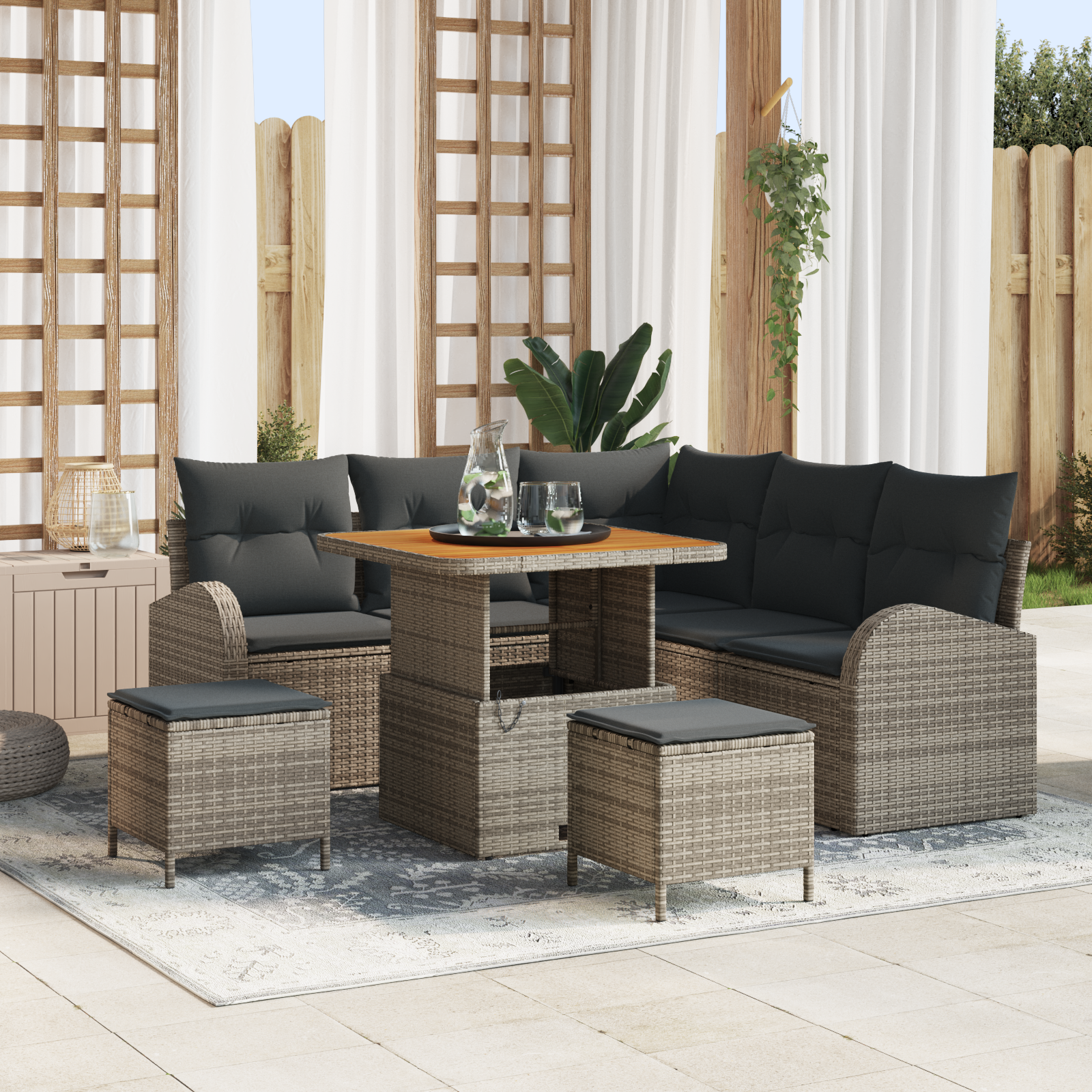 Set Divano da Giardino da 8 Pezzi con Cuscini in Polyrattan Grigio Acacia