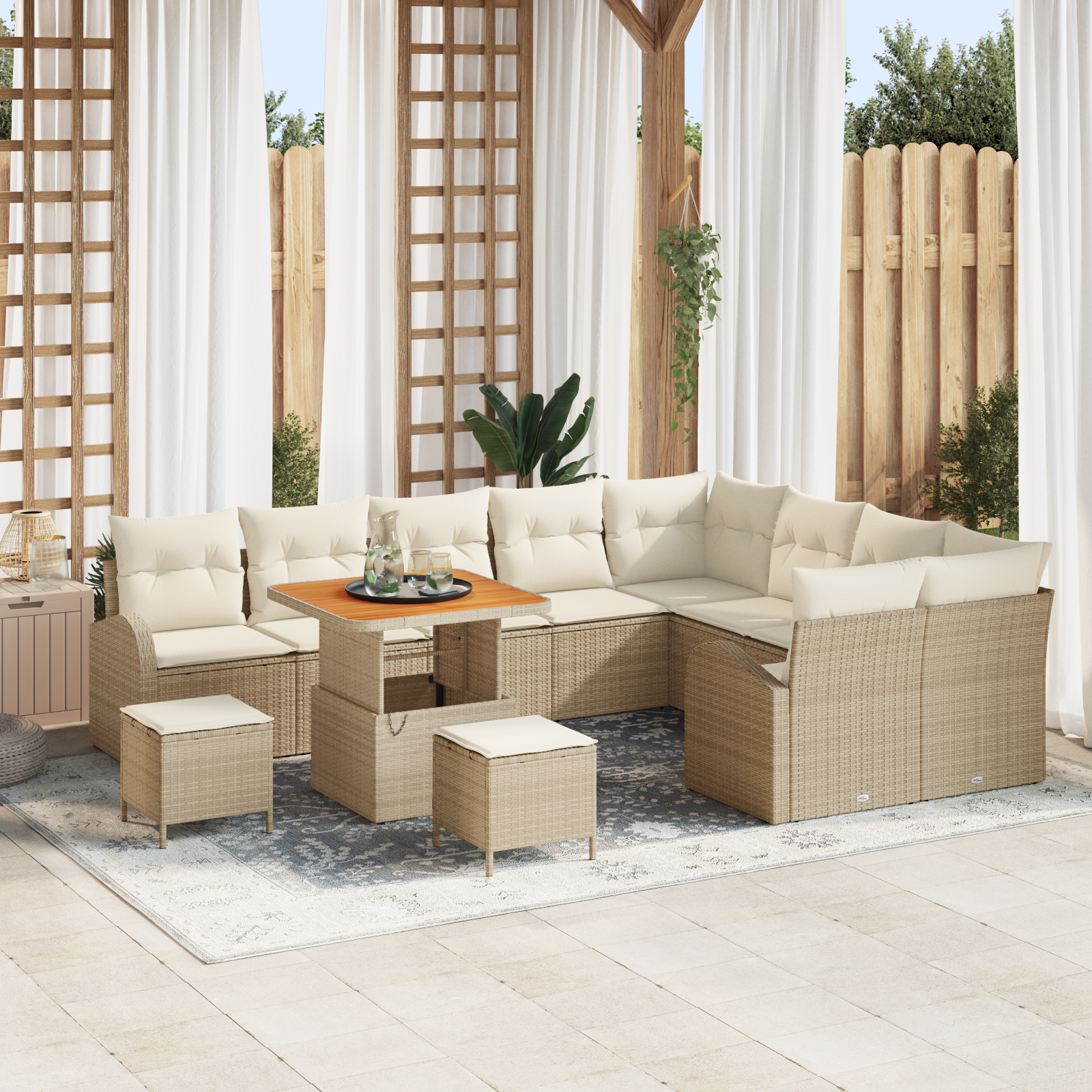 Set Divano Giardino da 12 Pezzi con Cuscini Beige in Rattan e Acacia