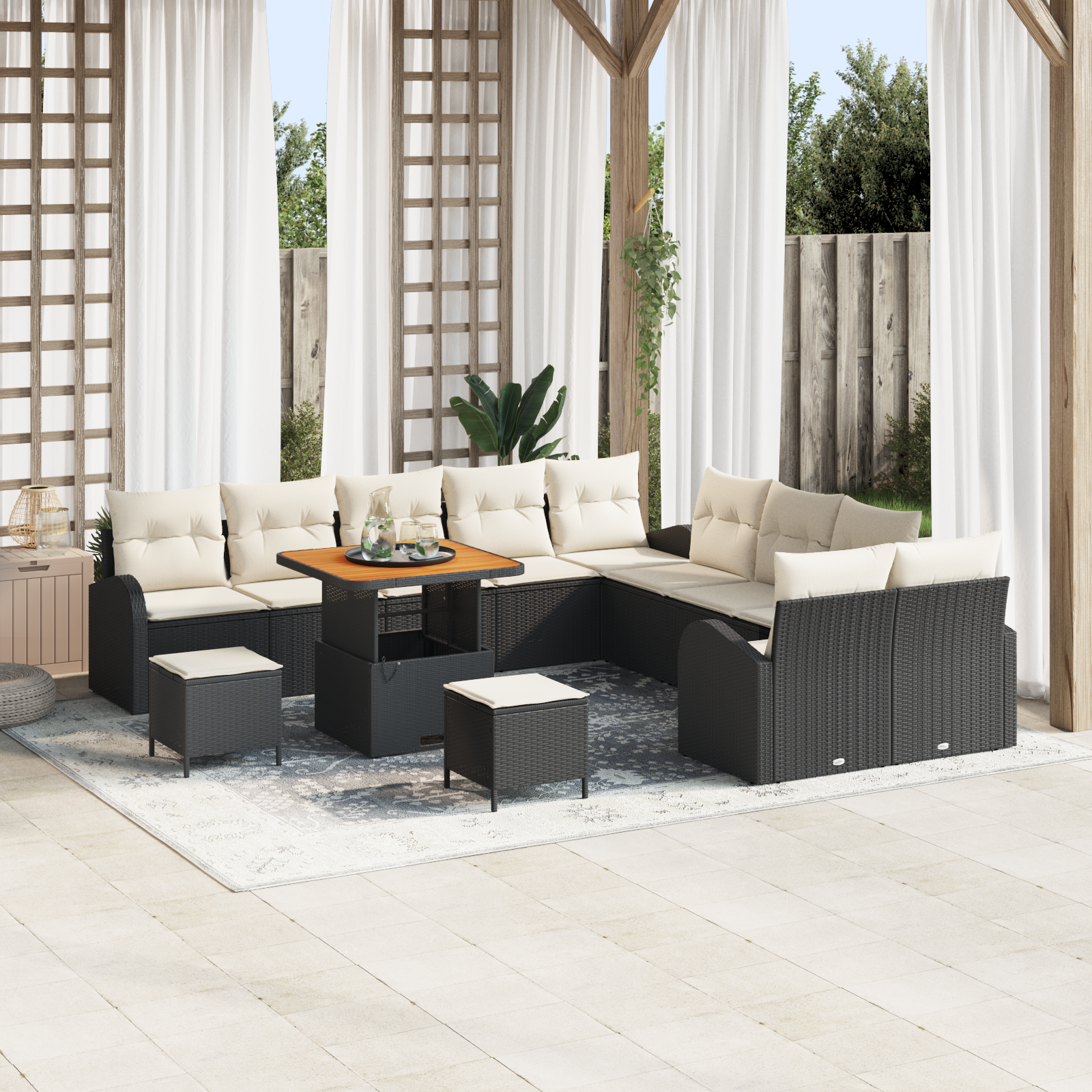 Conjunto de Sofás de Jardim 13 Peças com Almofadas Rattan Preto Acácia, Sofá de Jardim de com Almofadas Rattan Preto, Conjunto de Jantar de Jardim de 3 Peças com Almofadas Rattan Preto Acácia