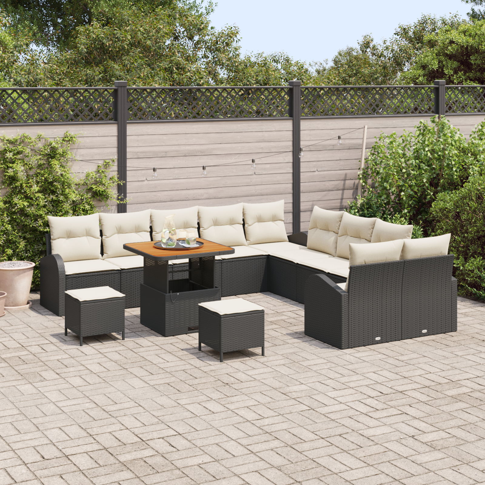 Conjunto de Sofás de Jardim 13 Peças com Almofadas Rattan Preto Acácia, Sofá de Jardim de com Almofadas Rattan Preto, Conjunto de Jantar de Jardim de 3 Peças com Almofadas Rattan Preto Acácia - Image 4