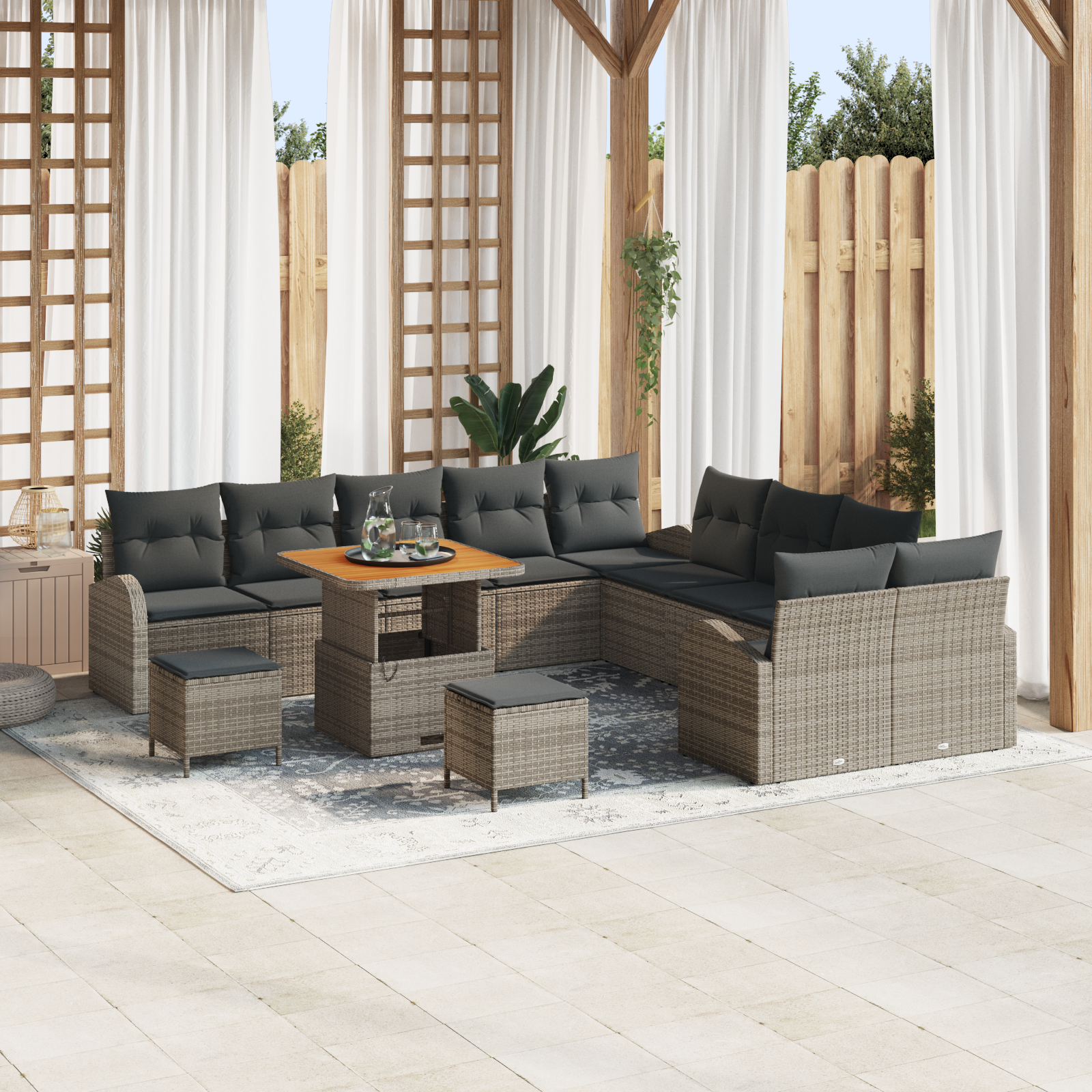 Set da Divano Giardino a 13 Pezzi con Cuscini in Polyrattan Grigio e Acacia
