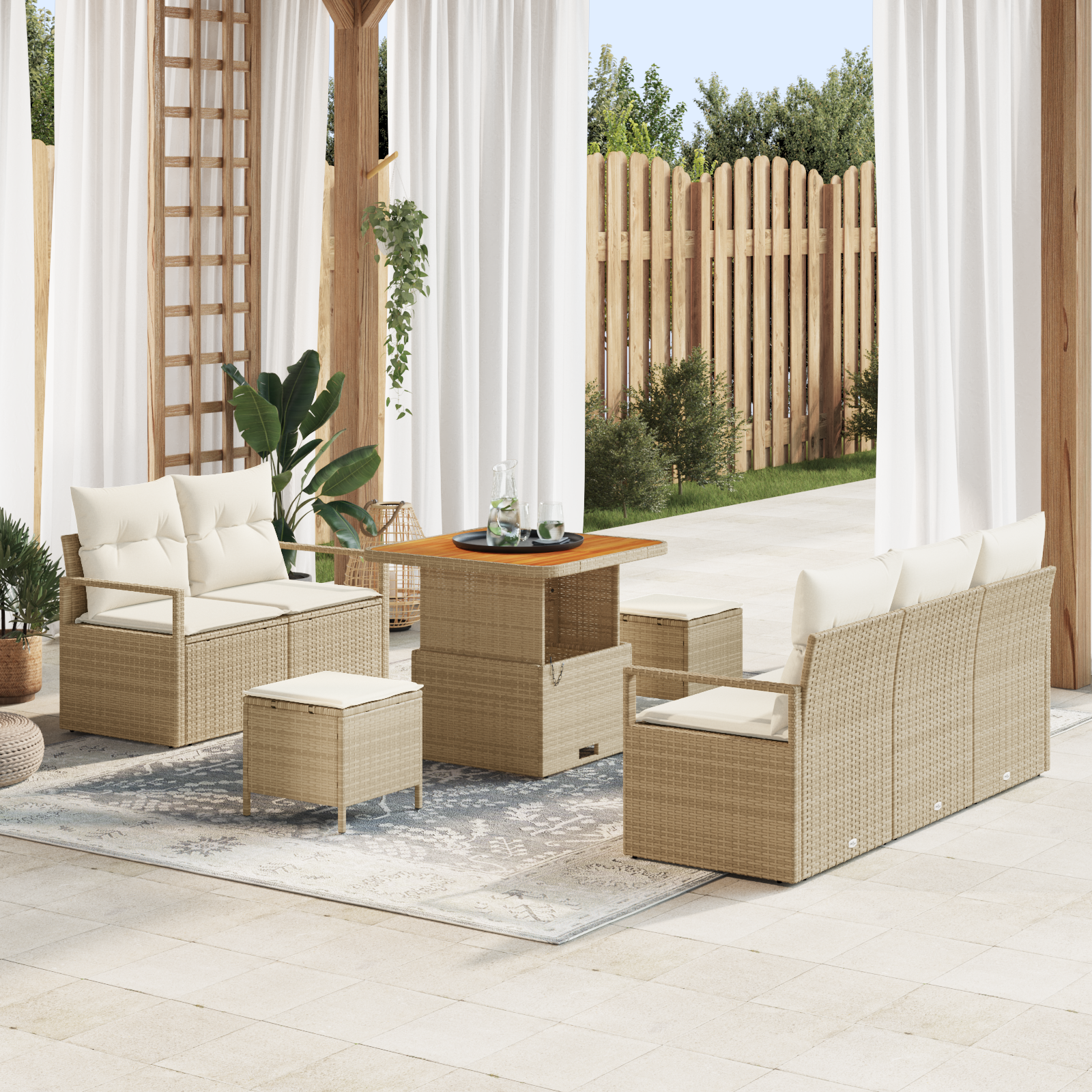 Set di divani da giardino con 8 pezzi e cuscini beige in polirattan e acacia