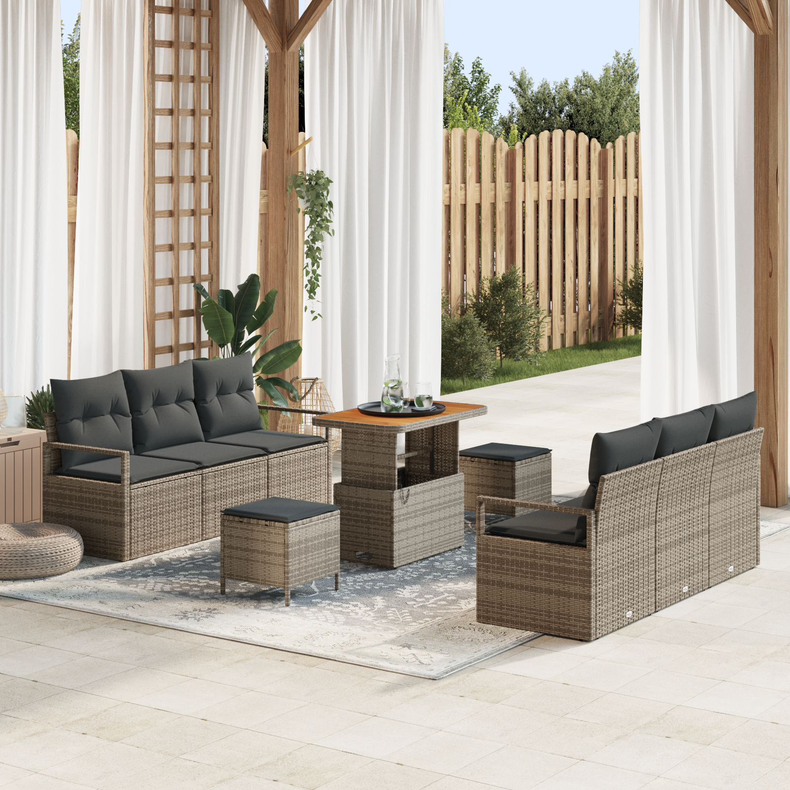 Thumbnail - vidaXL 9-tlg. Garten-Sofagarnitur mit Kissen Grau Poly Rattan Akazie
