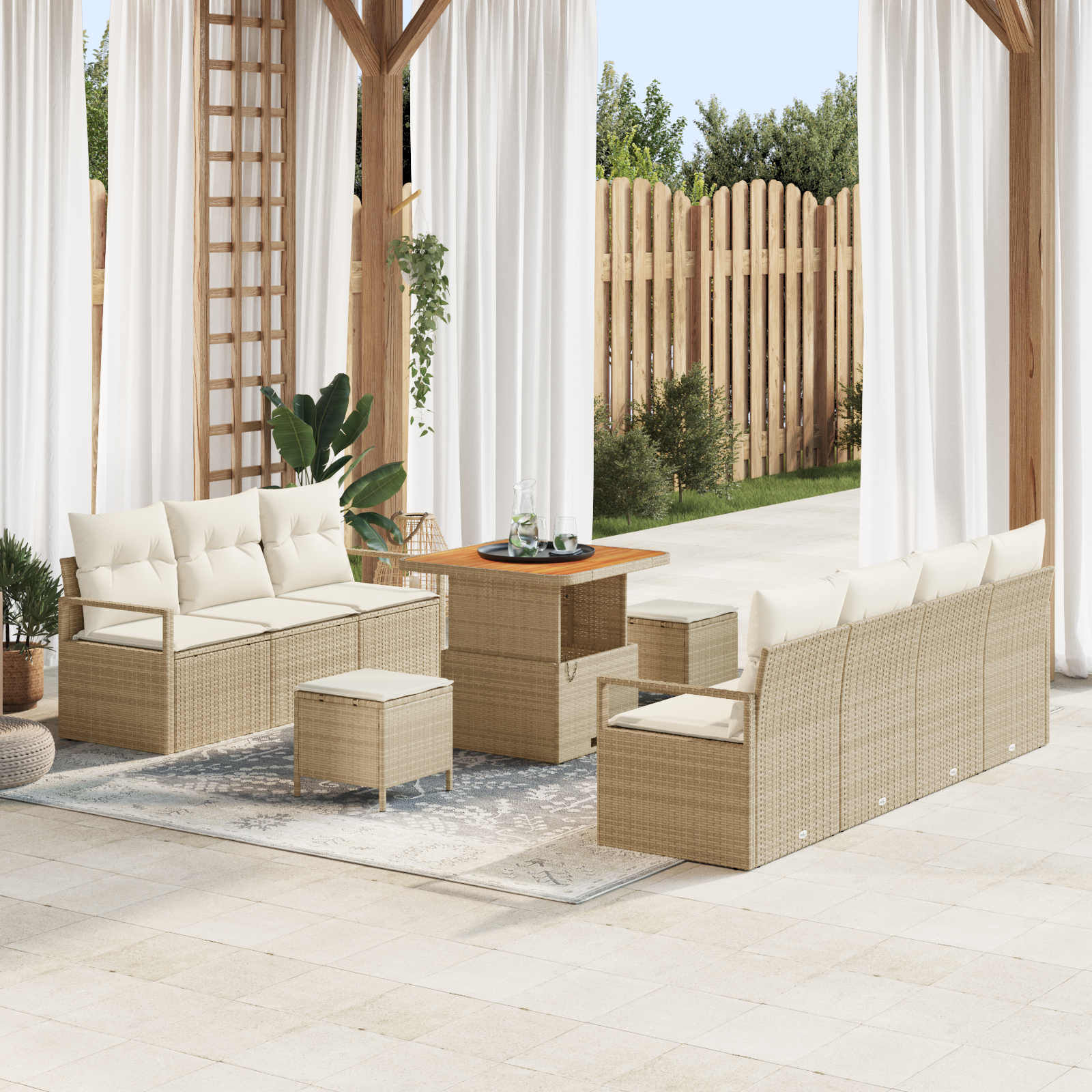 Set di divano da giardino 10 pezzi con cuscini in polyrattan beige e legno di acacia