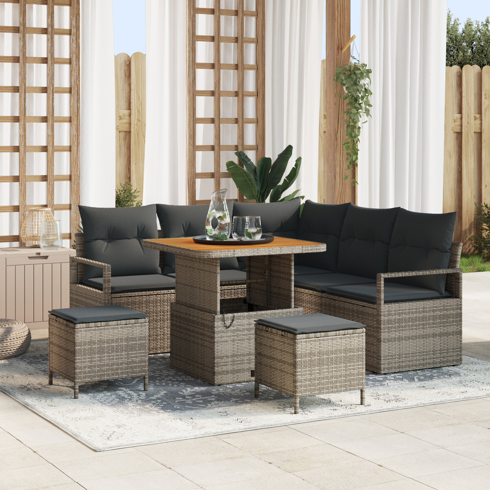 Set divano da giardino 8 pezzi con cuscini Grigio Rattan Poliestere Acacia