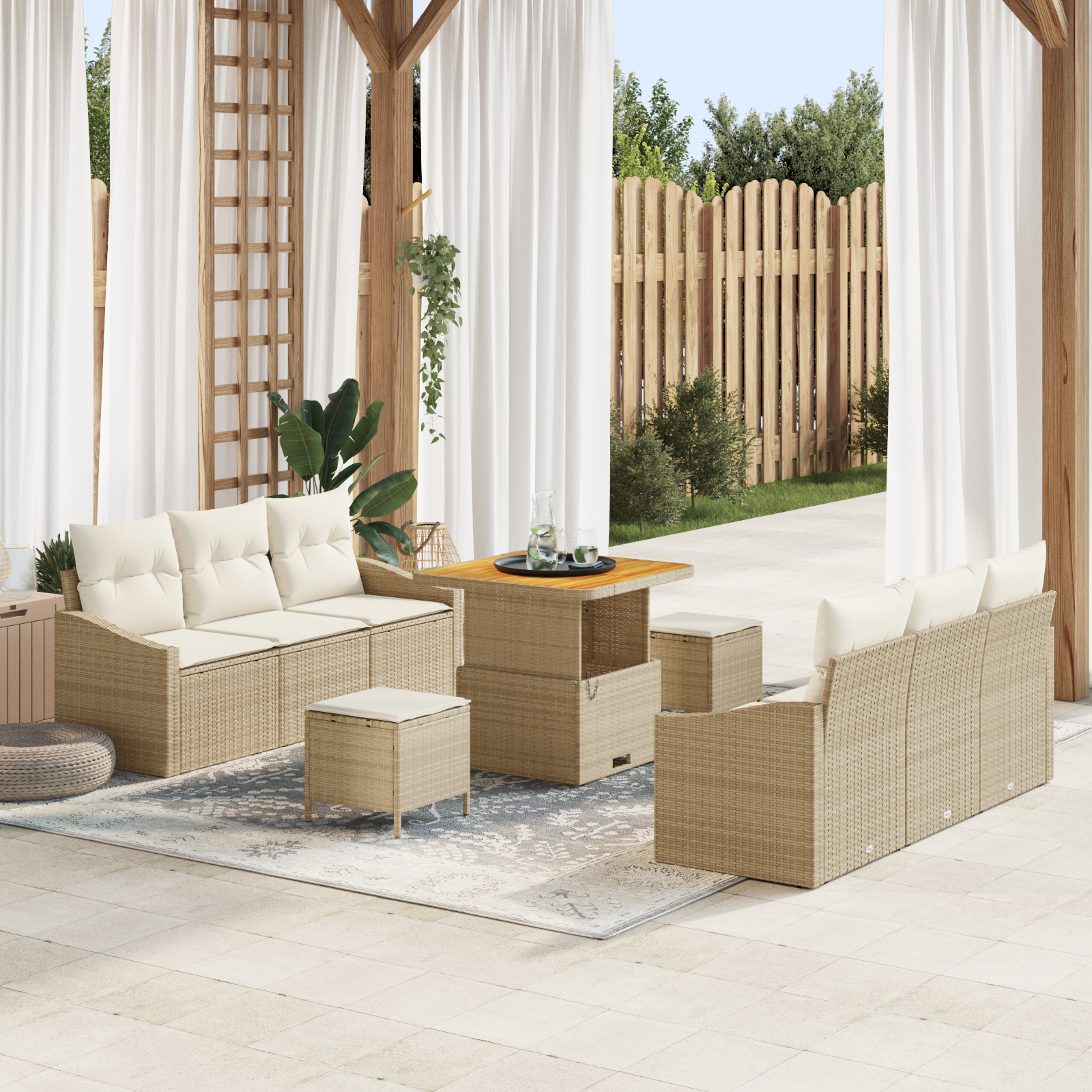 Set di divano da giardino 9 pezzi con cuscini in polyrattan beige e acacia