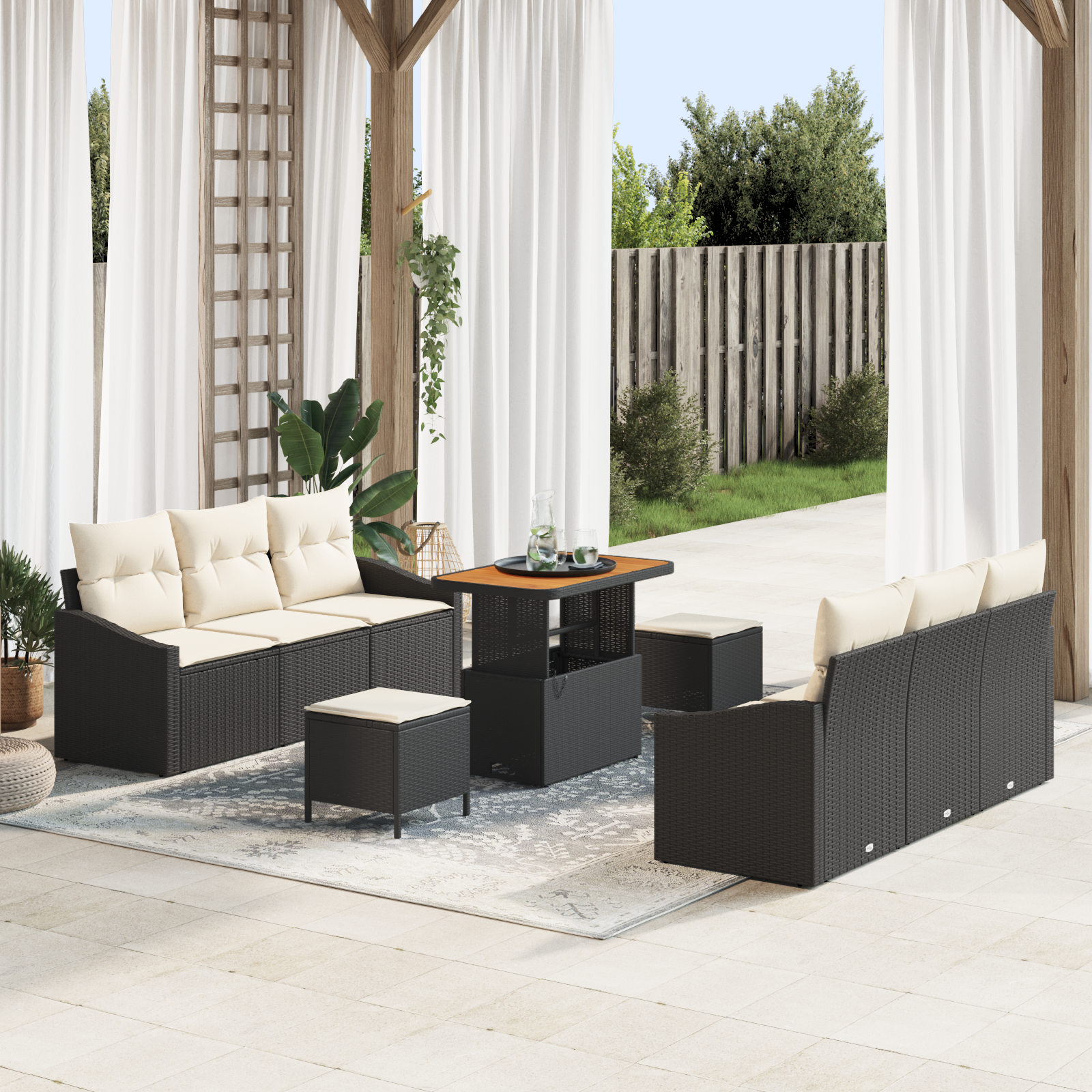 Thumbnail - vidaXL 9-teiliges Garten-Sofaset mit Kissen in Schwarz, Poly Rattan und Akazie