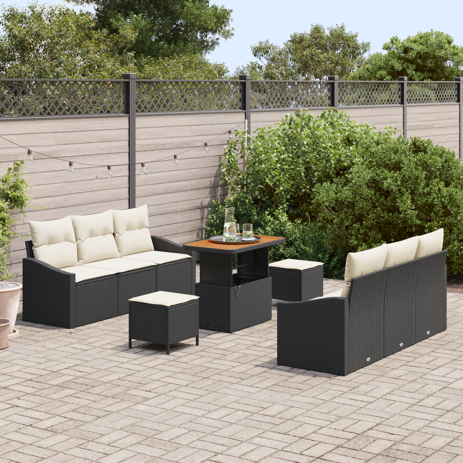 Thumbnail - vidaXL 9-teiliges Garten-Sofaset mit Kissen in Schwarz, Poly Rattan und Akazie