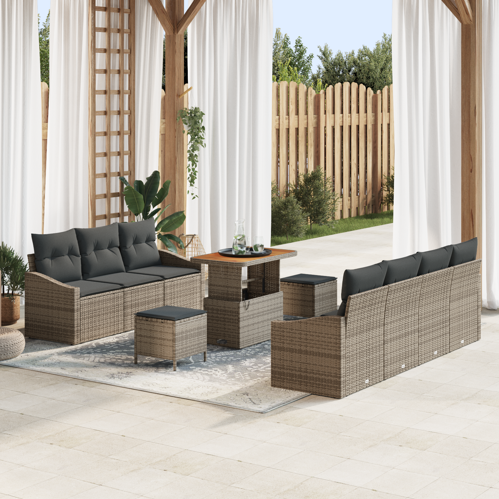 Thumbnail - vidaXL 10-teiliges Garten-Sofa-Set mit Kissen Grau Poly Rattan Akazie