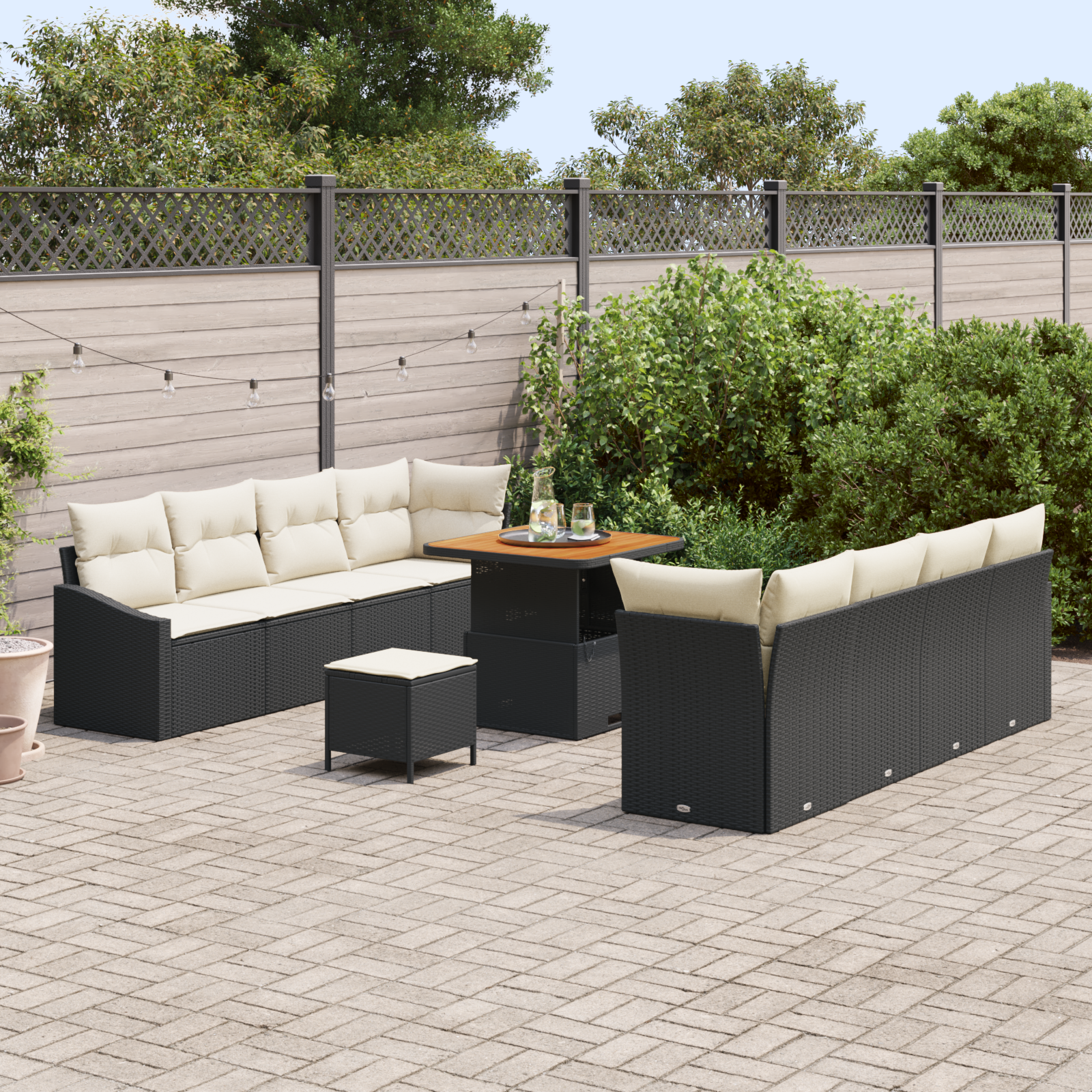 Conjunto de Sofá de Jardim com Almofadas Preto Rattan Acácia 11 Peças, Sofá de Jardim de com Almofadas Preto Rattan Acácia, Conjunto de Jantar de Jardim de 3 Peças com Almofadas Preto Rattan Acácia