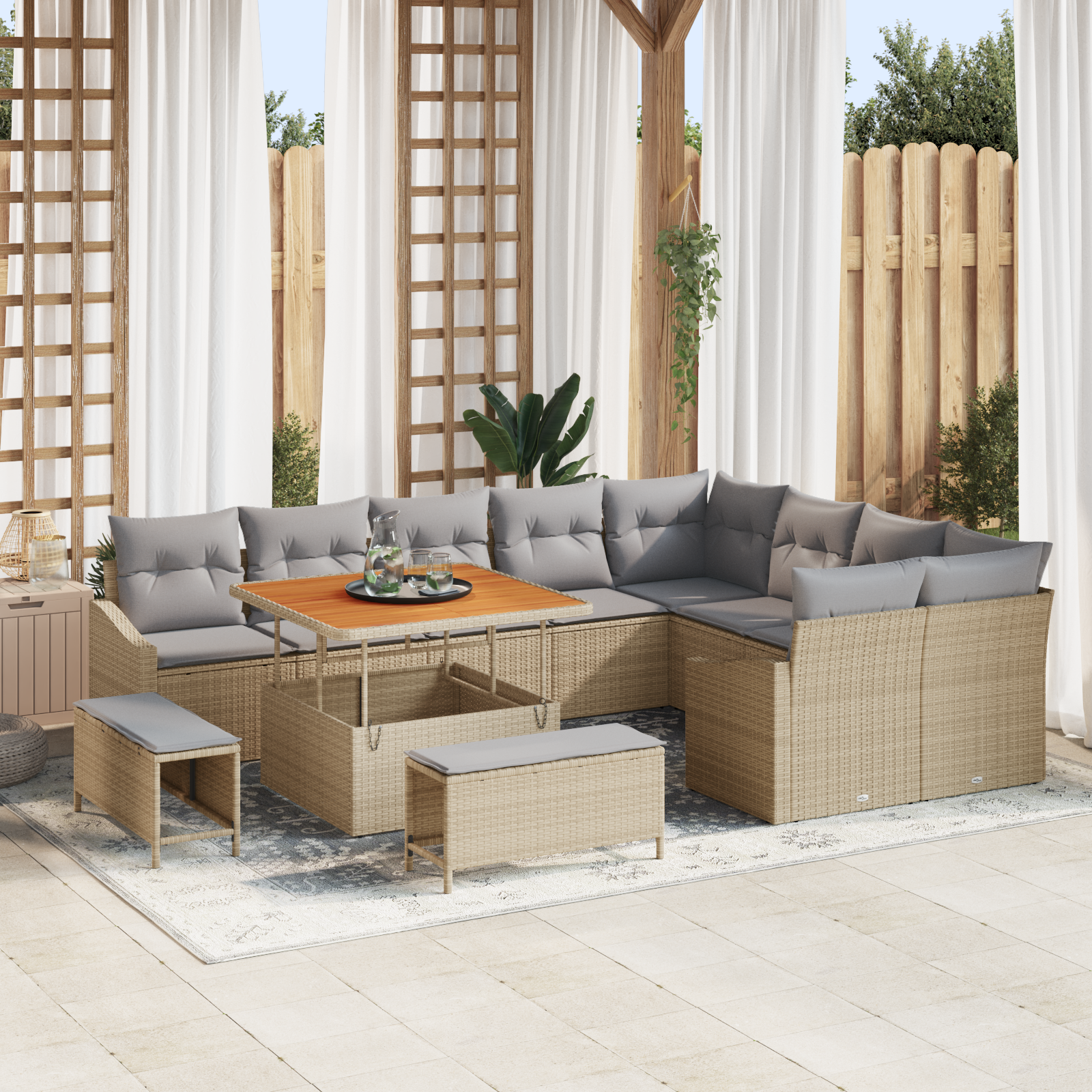 Conjunto de Sofá de Jardim de 12 Peças com Almofadas Bege Ratan Acácia, Conjunto de Mesa de Jantar de Jardim de 3 Peças com Almofadas Bege Ratan Acácia, Sofá de Jardim de com Almofadas Bege Poliratan Conjunto de Sofá de Jardim de 12 Peças com Almofadas Bege Ratan Acácia, Conjunto de Mesa de Jantar de Jardim de 3 Peças com Almofadas Bege Ratan Acácia, Sofá de Jardim de com Almofadas Bege Poliratan