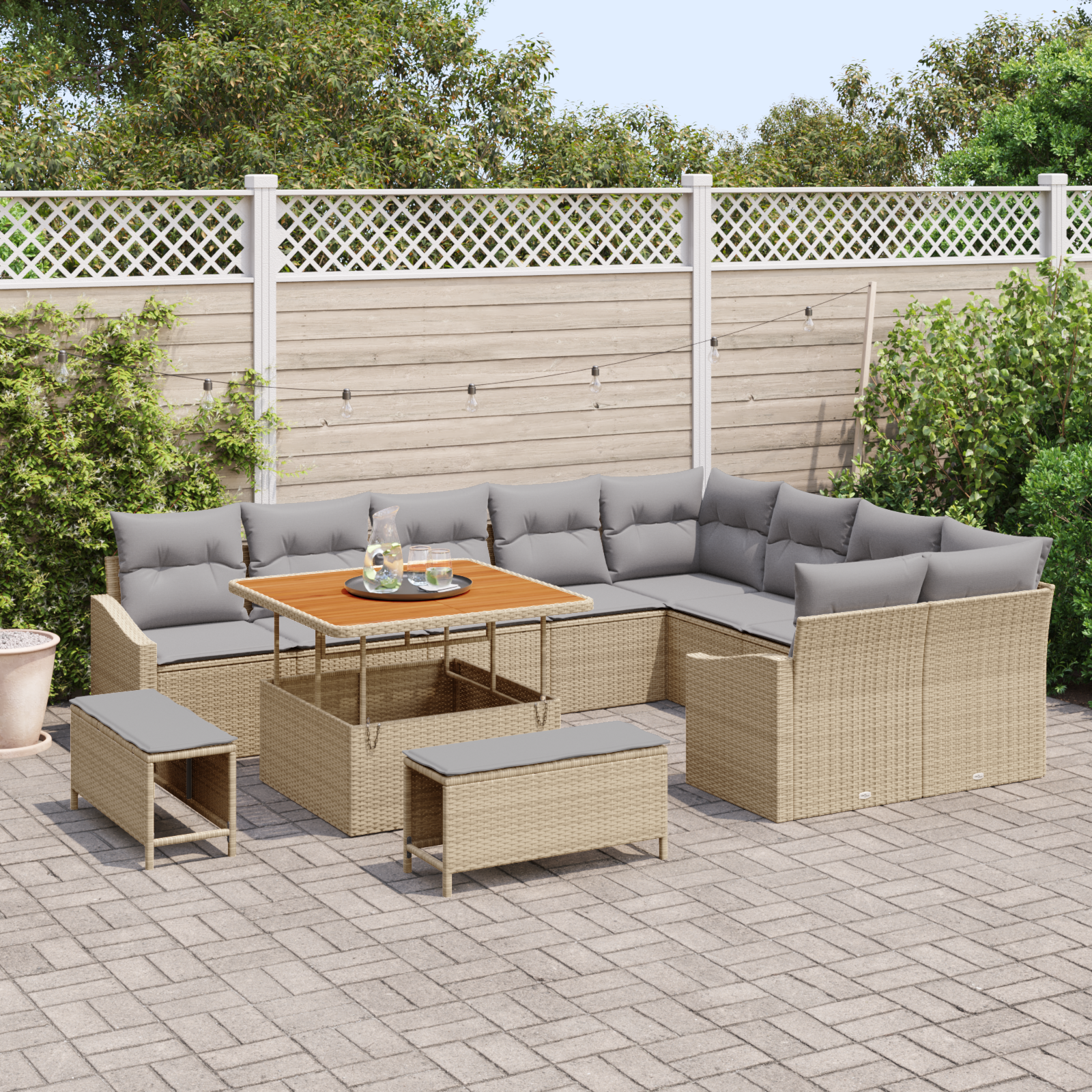 Conjunto de Sofá de Jardim de 12 Peças com Almofadas Bege Ratan Acácia, Conjunto de Mesa de Jantar de Jardim de 3 Peças com Almofadas Bege Ratan Acácia, Sofá de Jardim de com Almofadas Bege Poliratan