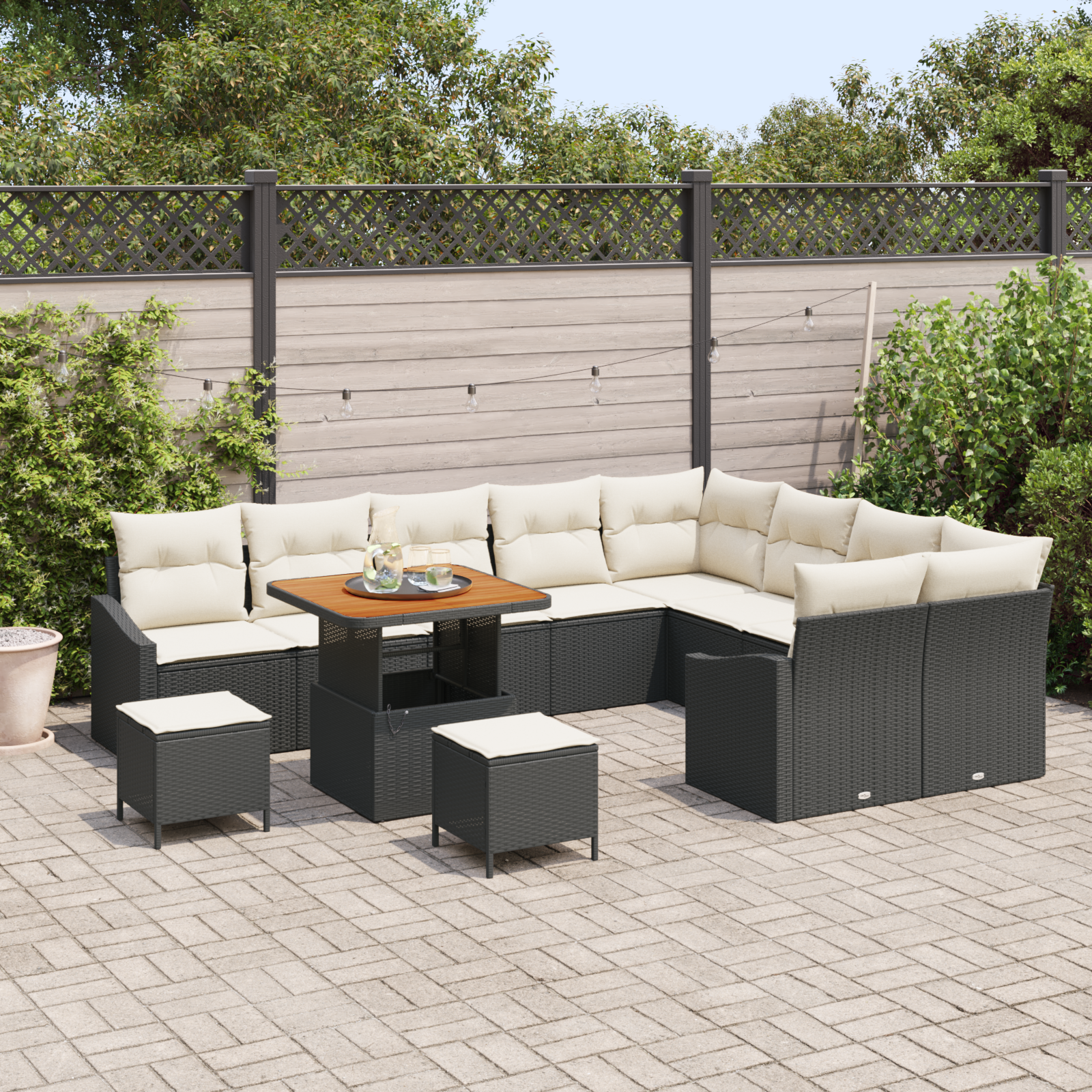 Conjunto de Sofá de Jardim de 12 Peças com Almofadas Preto Rattan PE Acácia, Conjunto de Jantar de Jardim de 3 Peças com Almofadas Preto Rattan PE Acácia, Sofá de Jardim de com Almofadas Preto Rattan PE