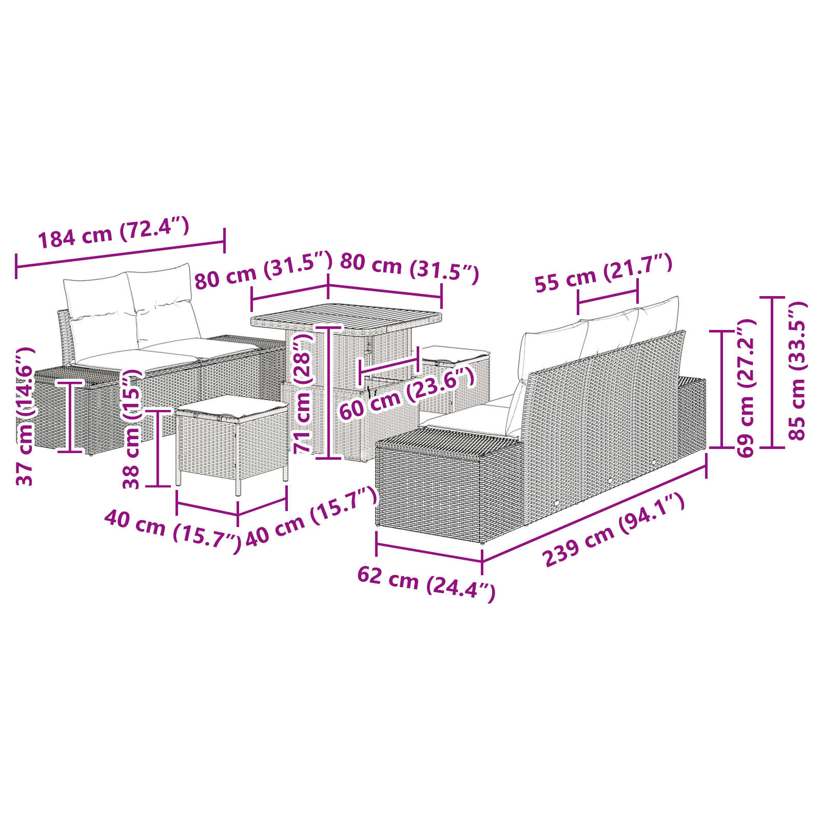 8 dalių sodo sofos rinkinys su pagalvėlėmis, pilkas poli ratanas akacija - Image 9