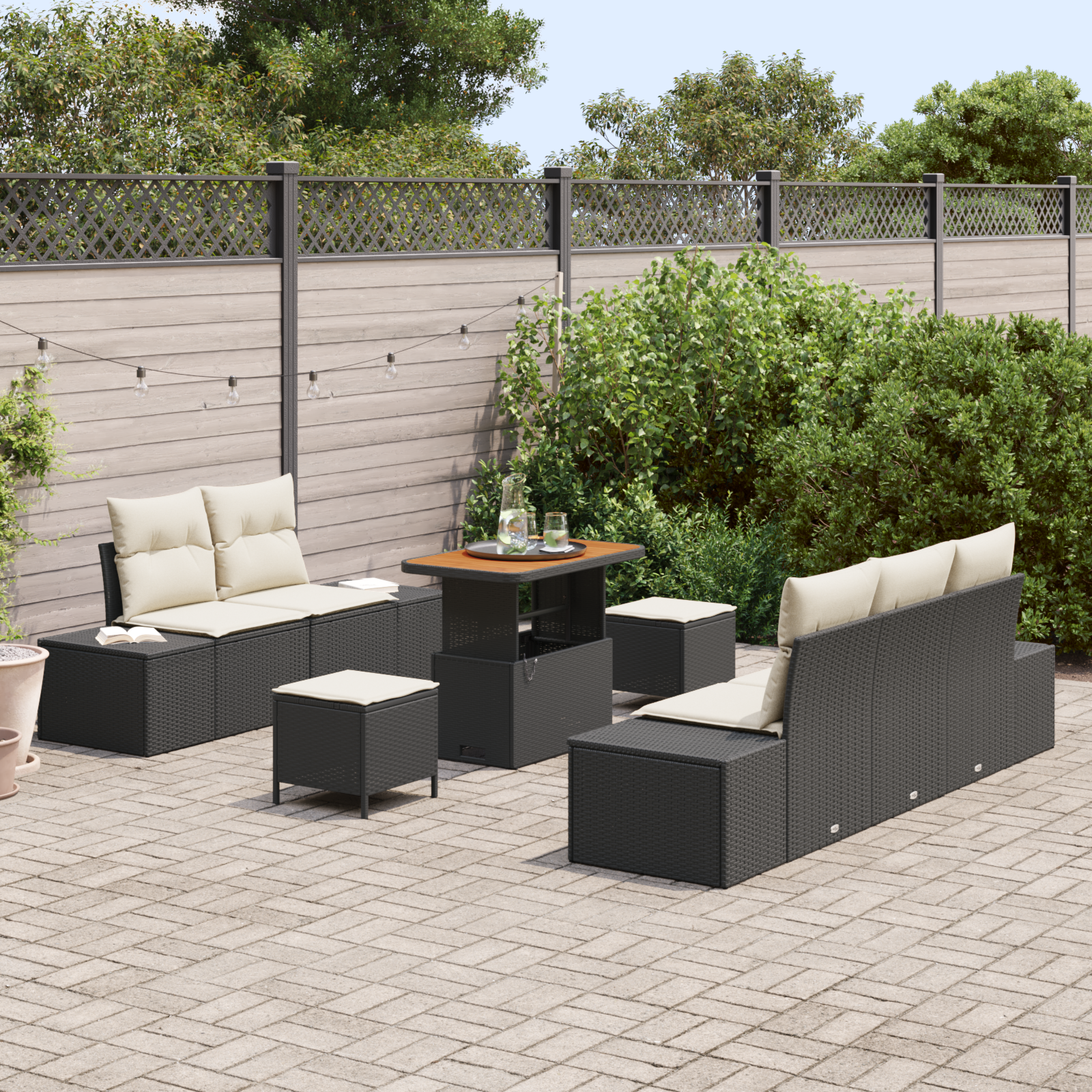 Conjunto de Sofá de Jardim 8 Peças com Almofadas Preto Polirattan Acácia, Sofá de Jardim com Almofadas Preto Polirattan, Conjunto de Jantar de Jardim 3 Peças com Almofadas Preto Polirattan Acácia