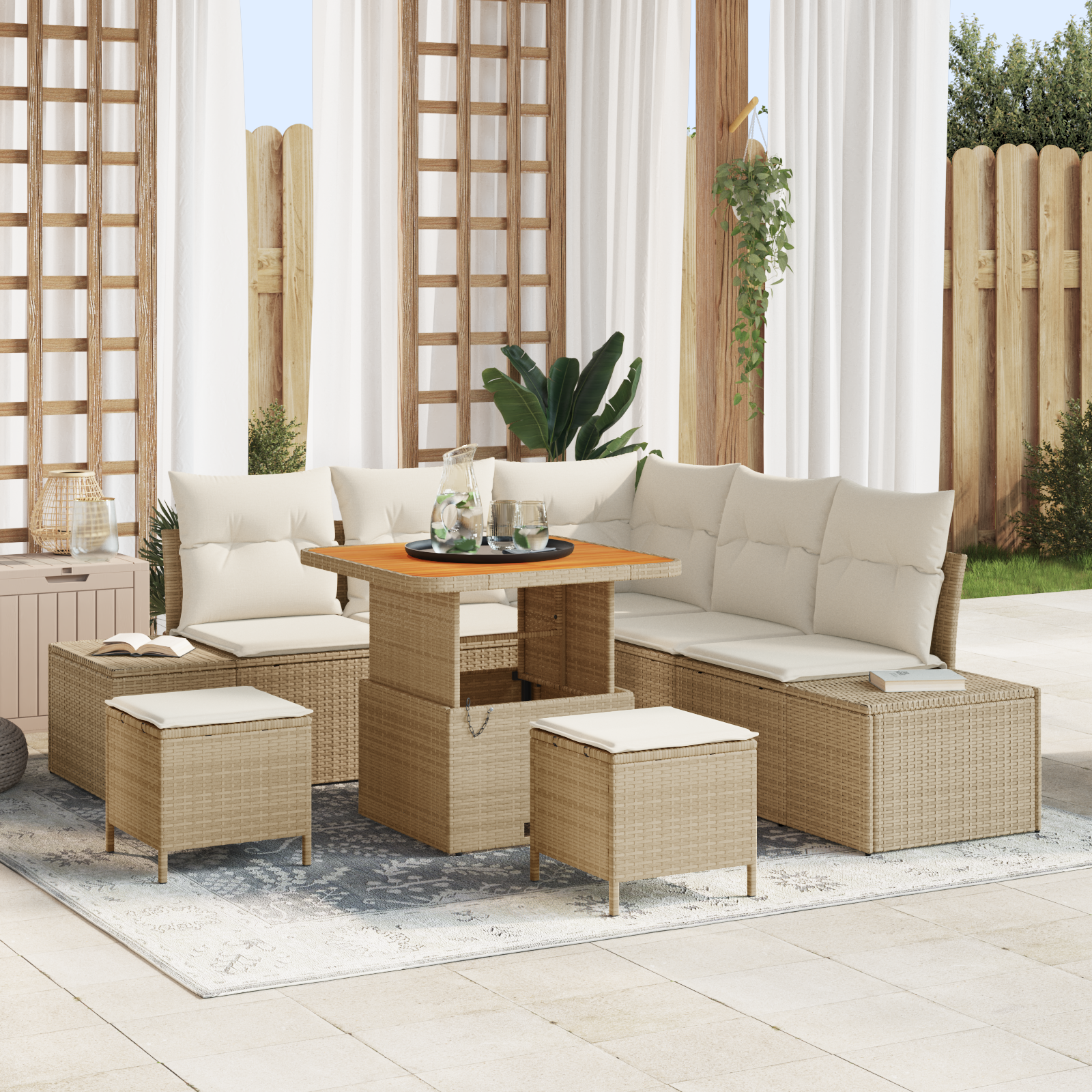 Set Divano da Giardino 8 Pezzi con Cuscini Beige Rattan Polirattan Acacia