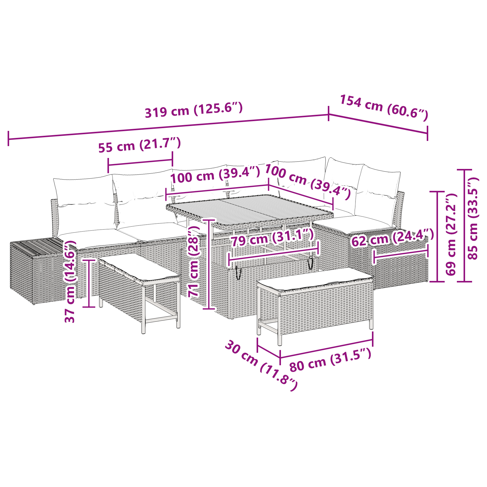 9 dalių sodo sofos komplektas su pagalvėlėmis, pilkos poly ratanos, akacija - Image 10