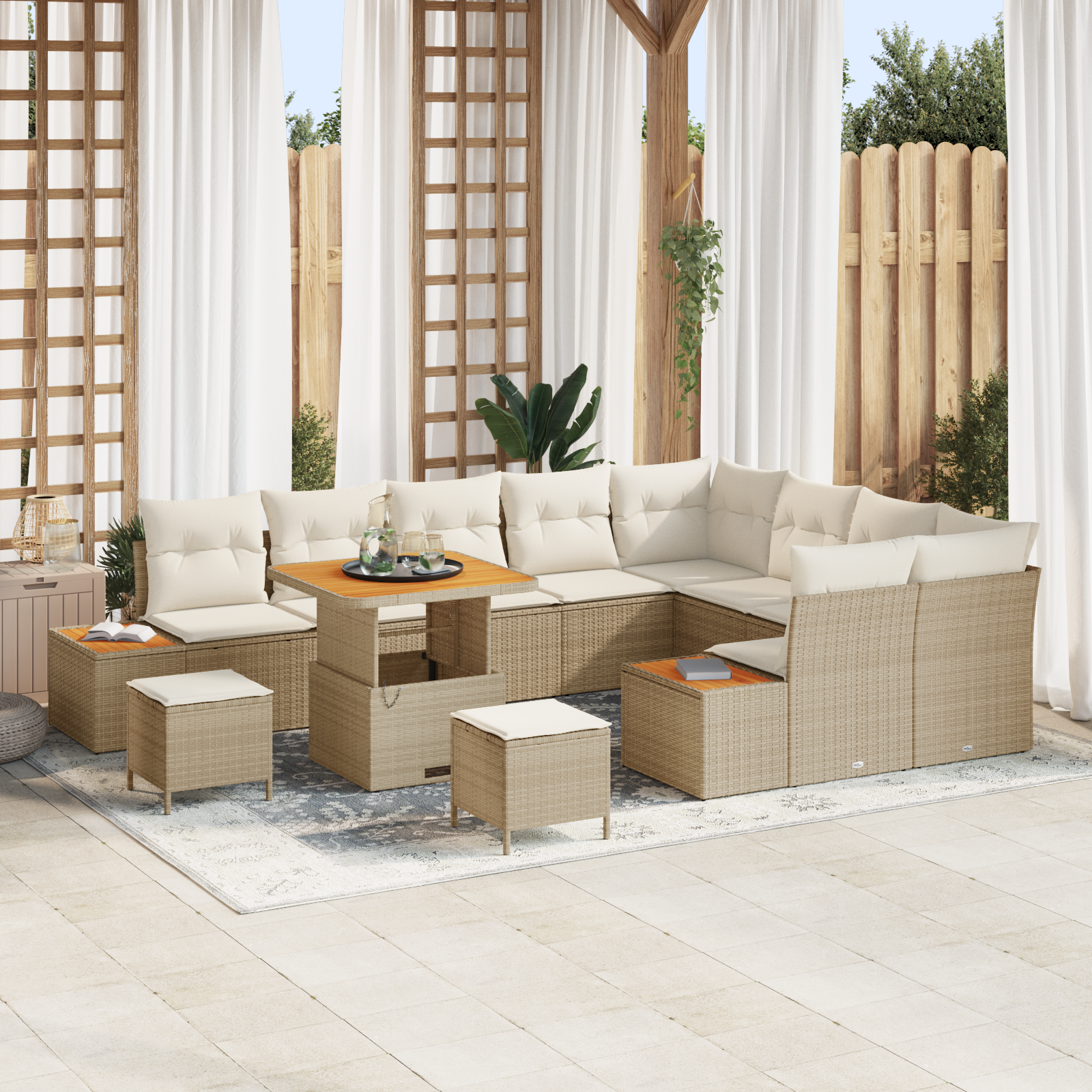 Set di divano da giardino da 12 pezzi con cuscini in polirattan beige e legno di acacia