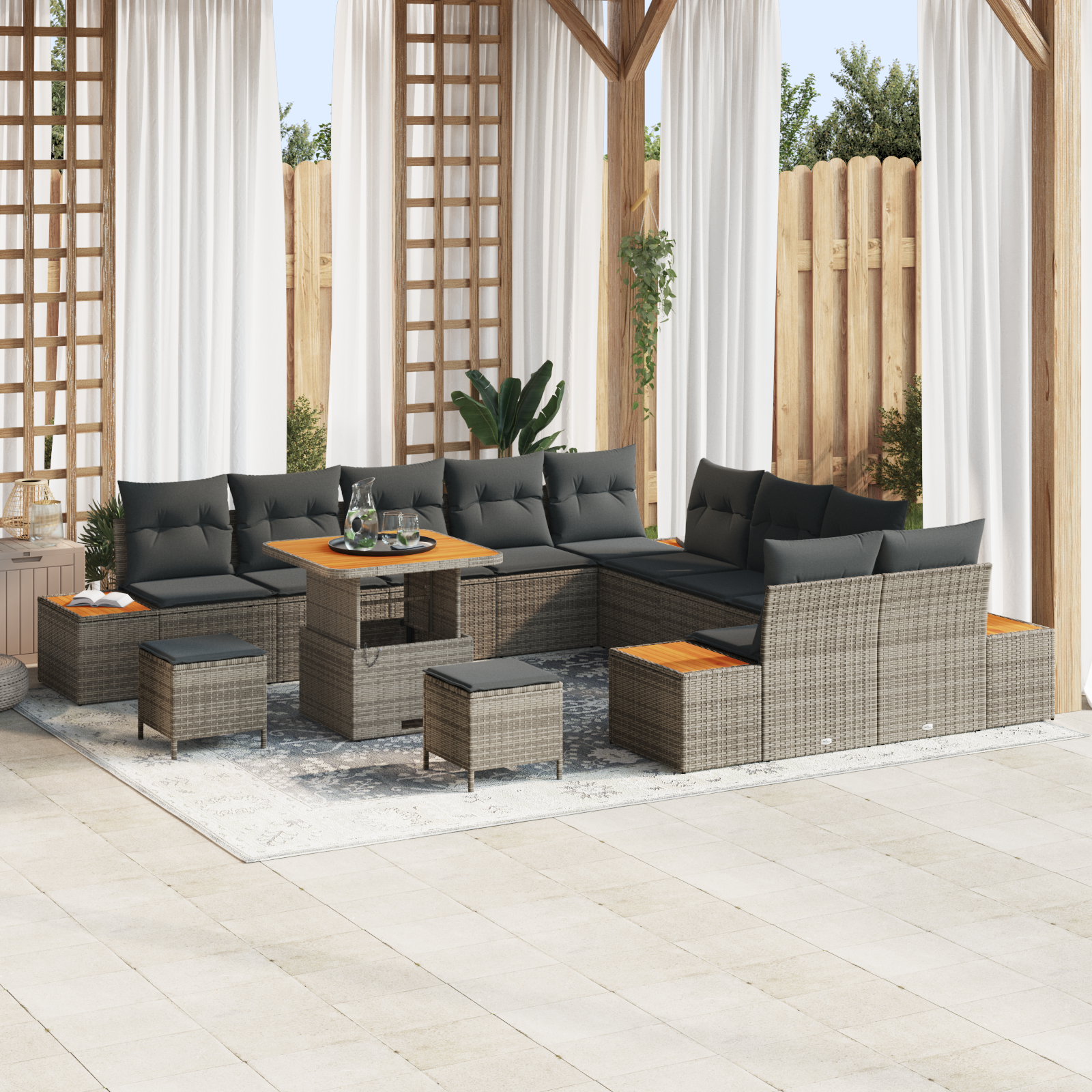 Set di Divano da Giardino 13 Pezzi con Cuscini Grigi Polyrattan Acacia