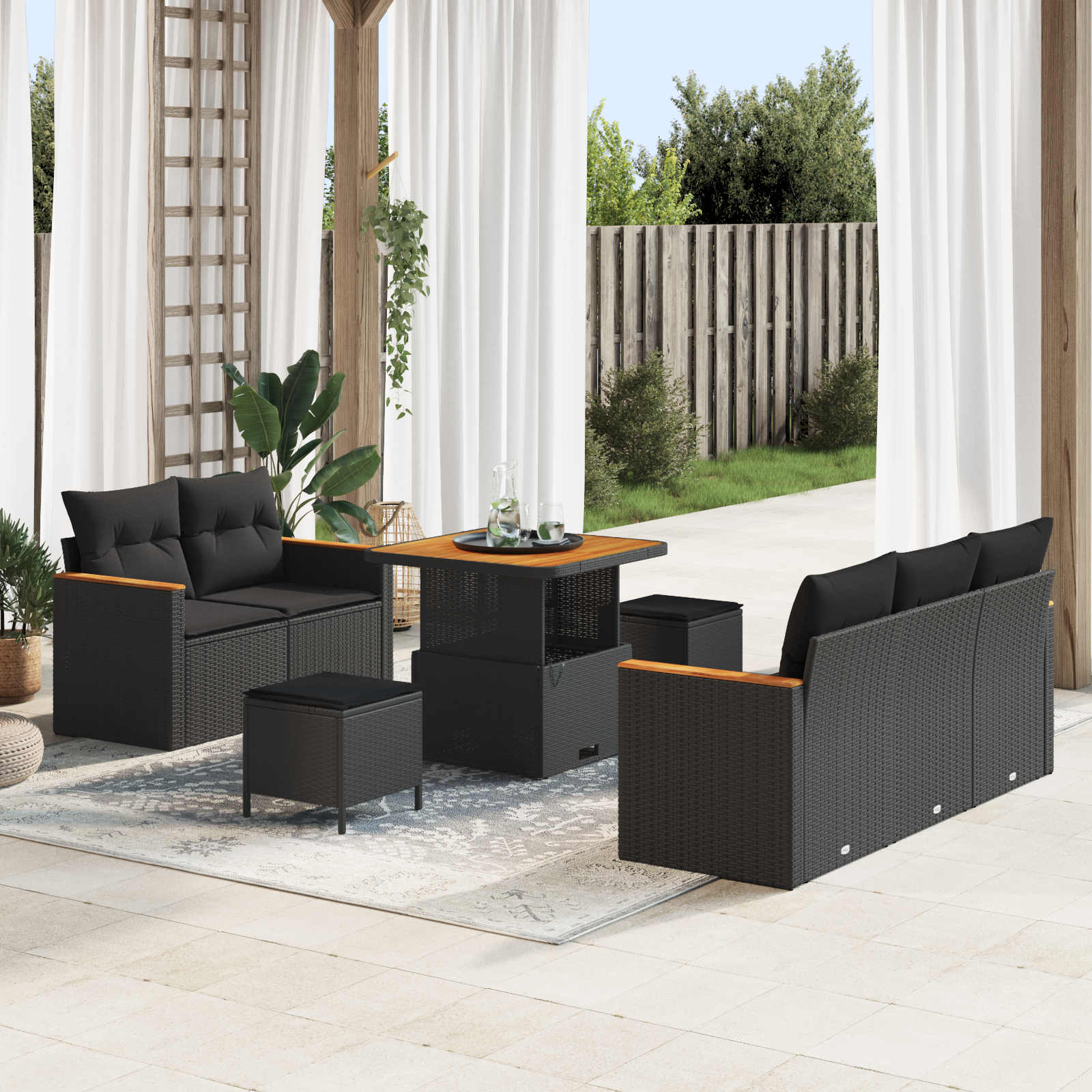Thumbnail - vidaXL 8-teiliges Garten-Sofa-Set mit Kissen, schwarzes Poly-Rattan, Akazie