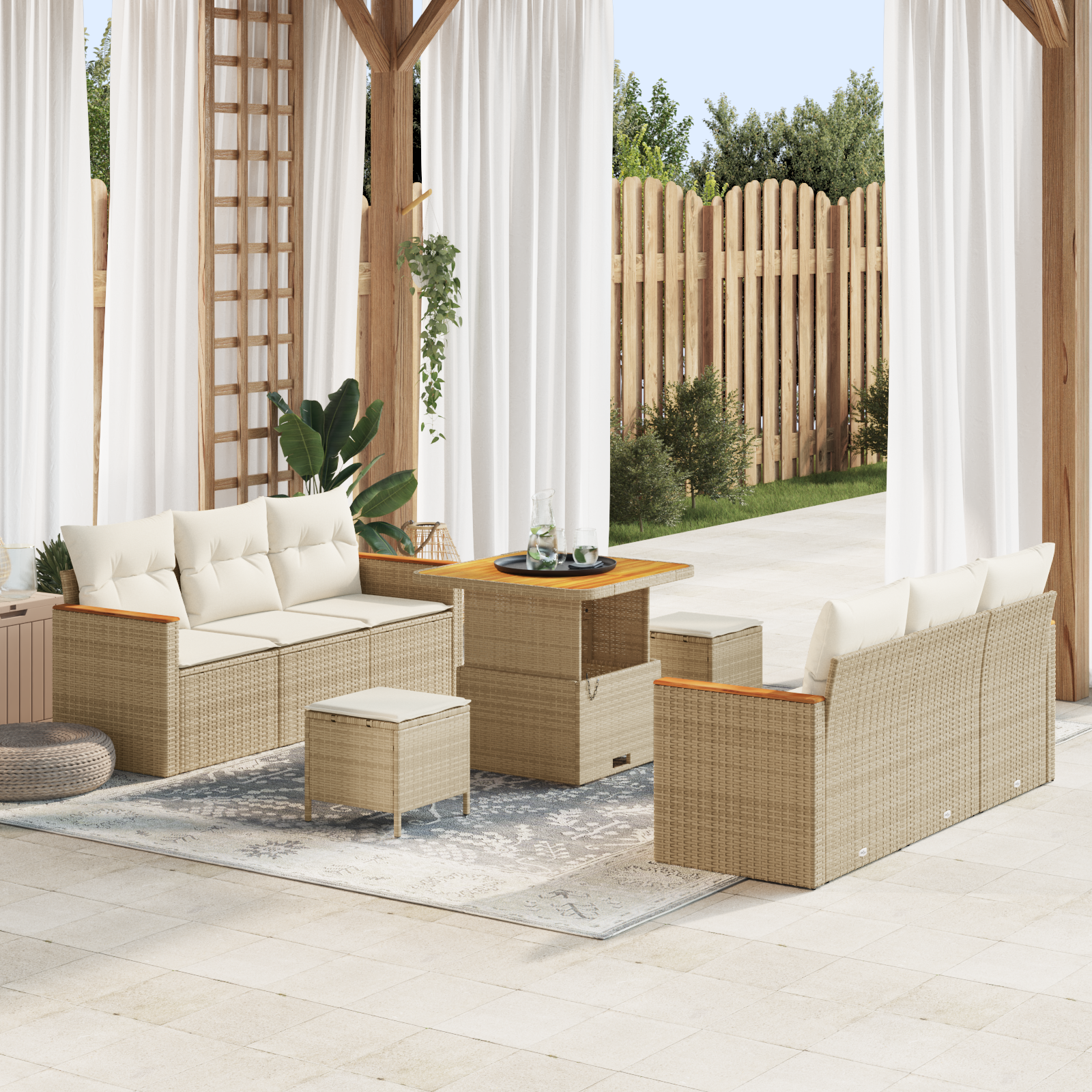 Set di divani da giardino a 9 pezzi con cuscini beige in rattan polietilene acacia