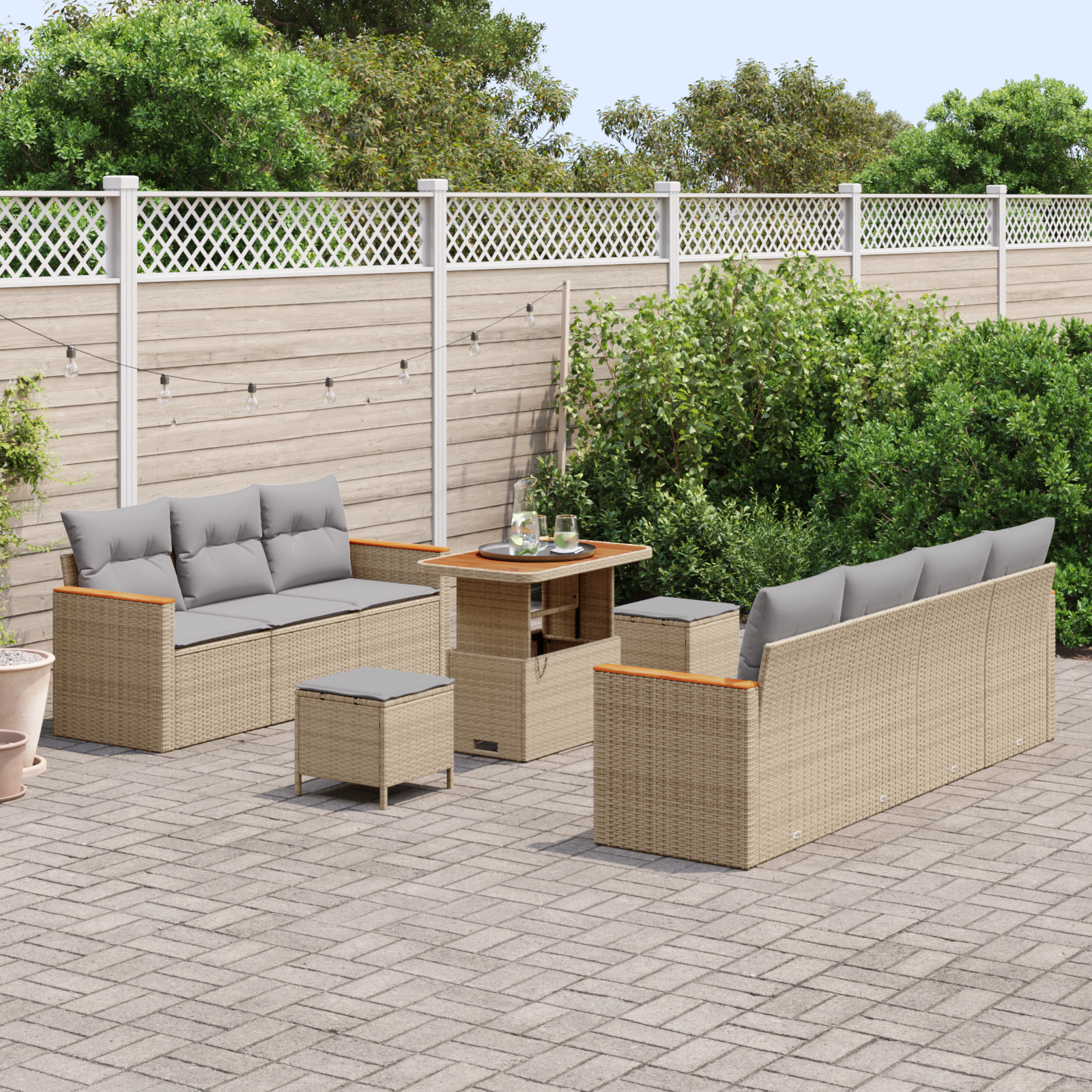 Conjunto de Sofás para Jardim 10 Peças com Almofadas Bege Vime Poliéster Acácia, Conjunto de Jantar Jardim 3 Peças com Almofadas Bege Vime Poliéster Acácia